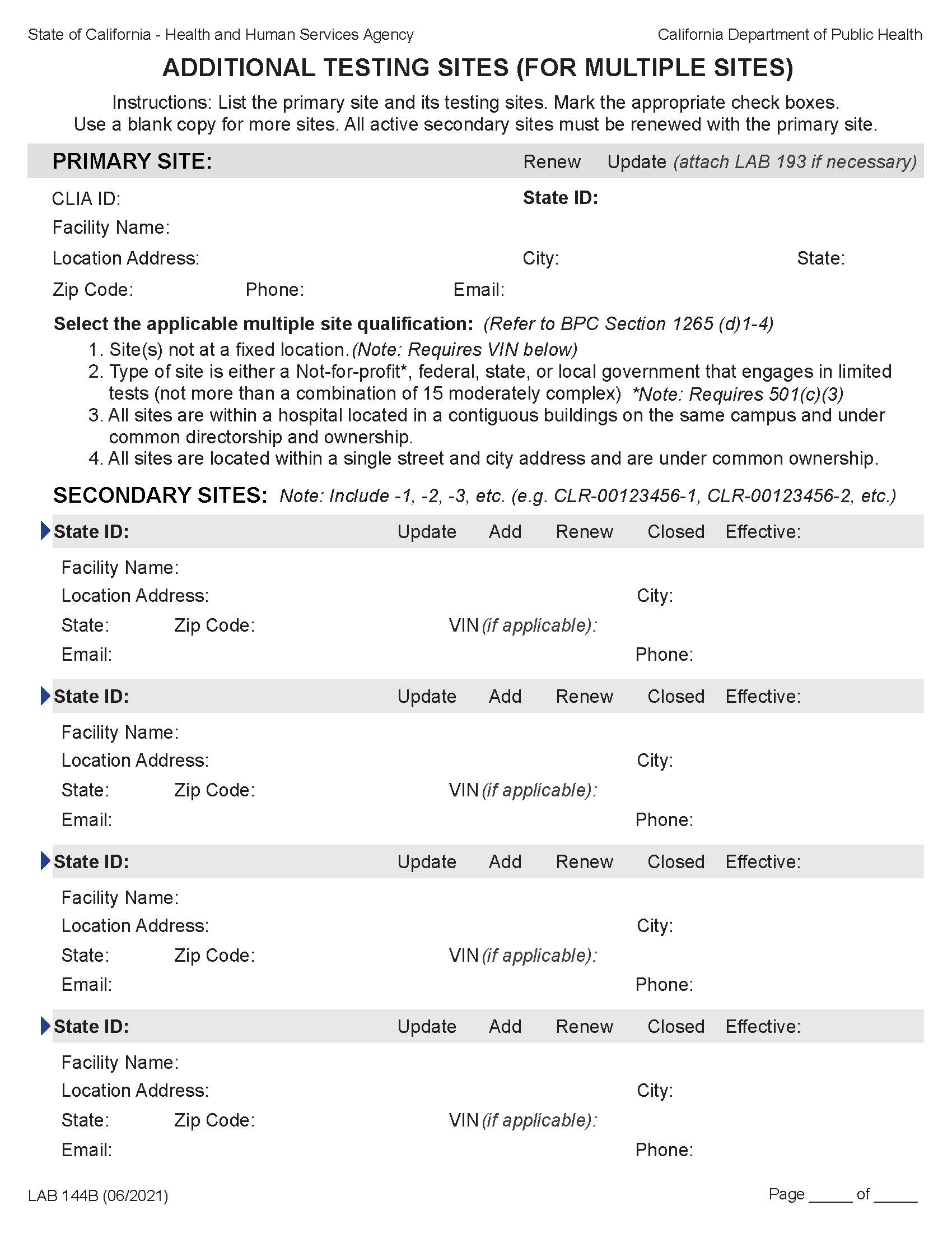 Application For Additional Clinical Laboratory Testing Sites-Form B {LAB 144 B} | Pdf Fpdf Doc Docx | California
