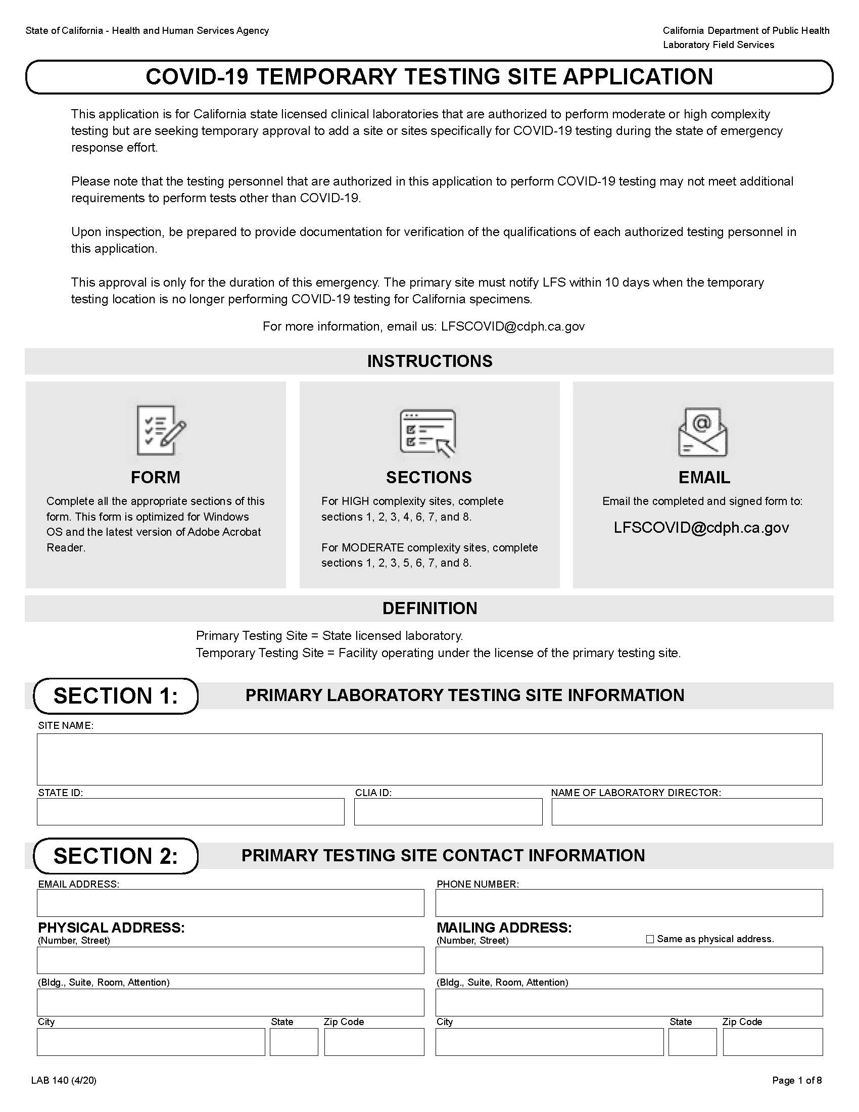 COVID-19 Temporary Testing Site Application {LAB 140} | Pdf Fpdf Docx | California