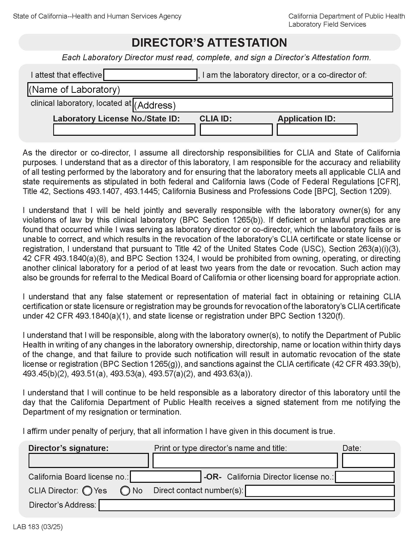 Directors Attestation {LAB 183} | Pdf Fpdf Doc Docx | California