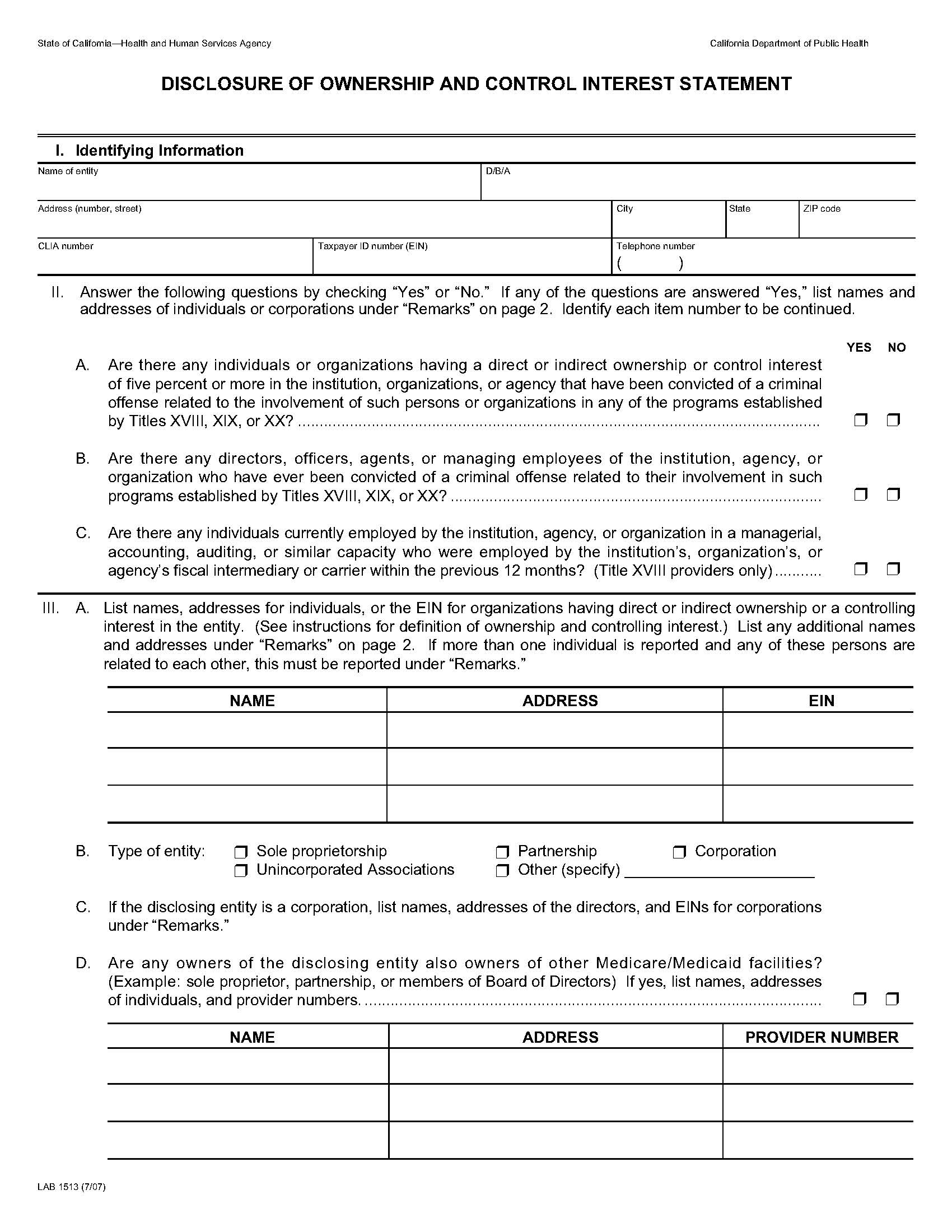 Disclosure Of Ownership And Control Interest Statement {LAB 1513} | Pdf Fpdf Doc Docx | California