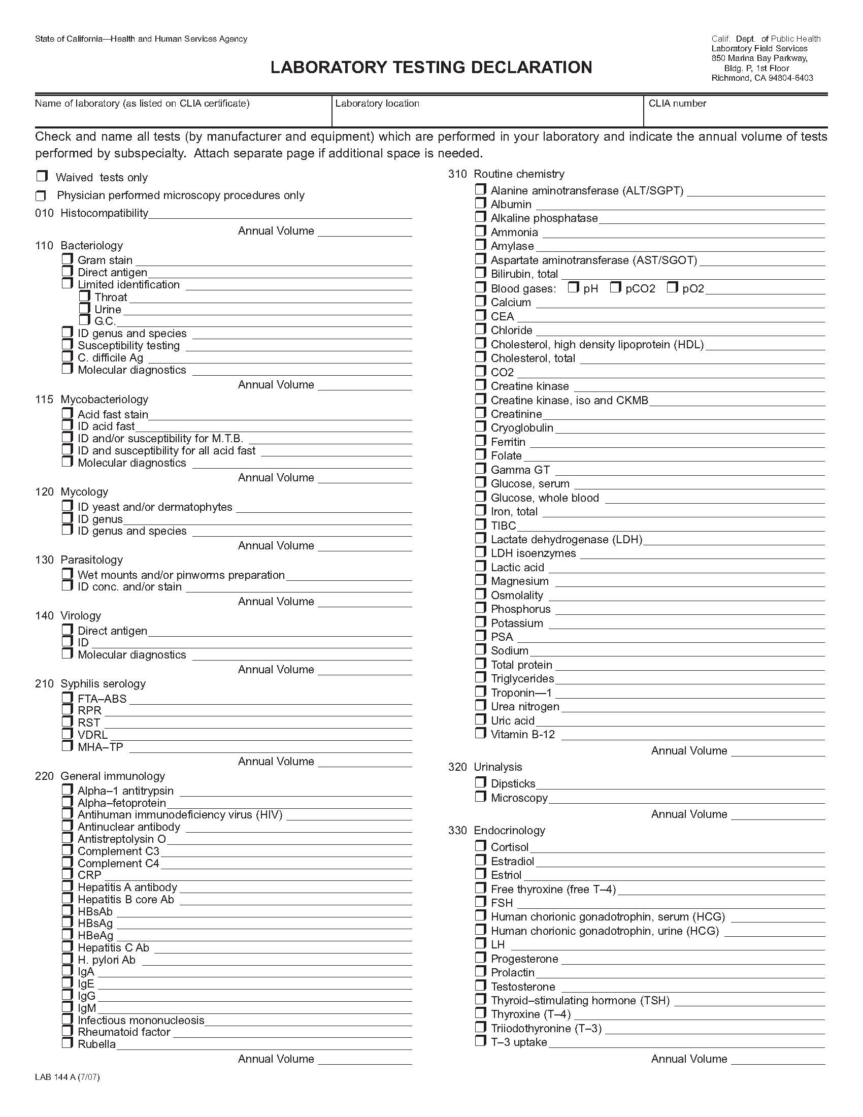 Laboratory Testing Declaration {LAB 144 A} | Pdf Fpdf Doc Docx | California