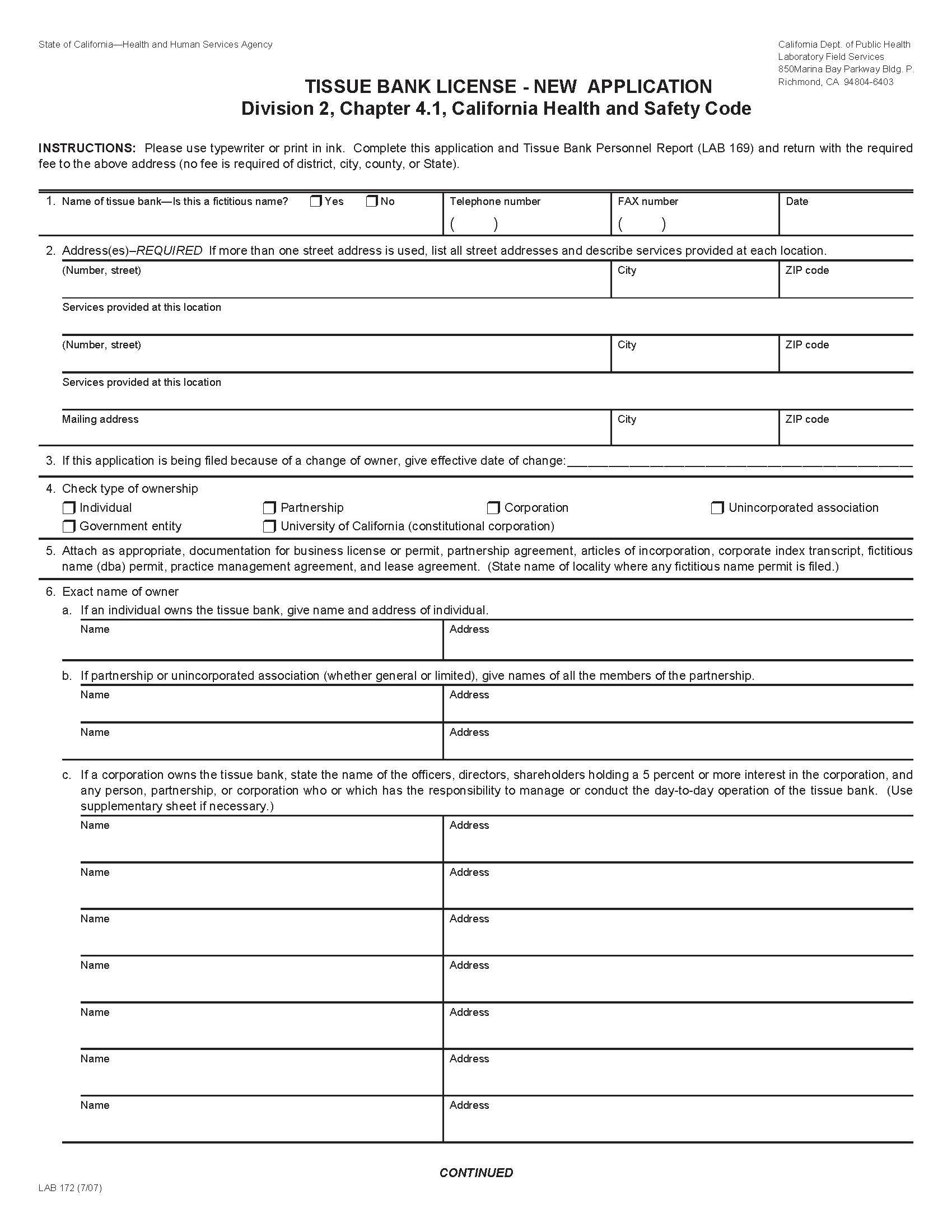 Tissue Bank License New Application {LAB 172} | Pdf Fpdf Docx | California
