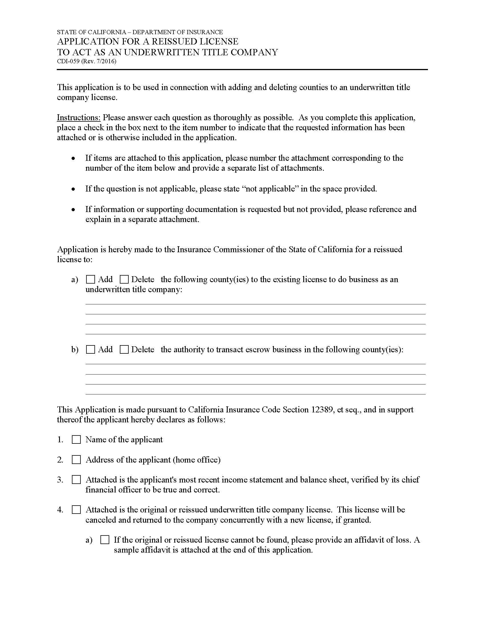 Application For A Reissued License To Act As An Underwritten Title Company {CDI-059} | Pdf Fpdf Doc Docx | California
