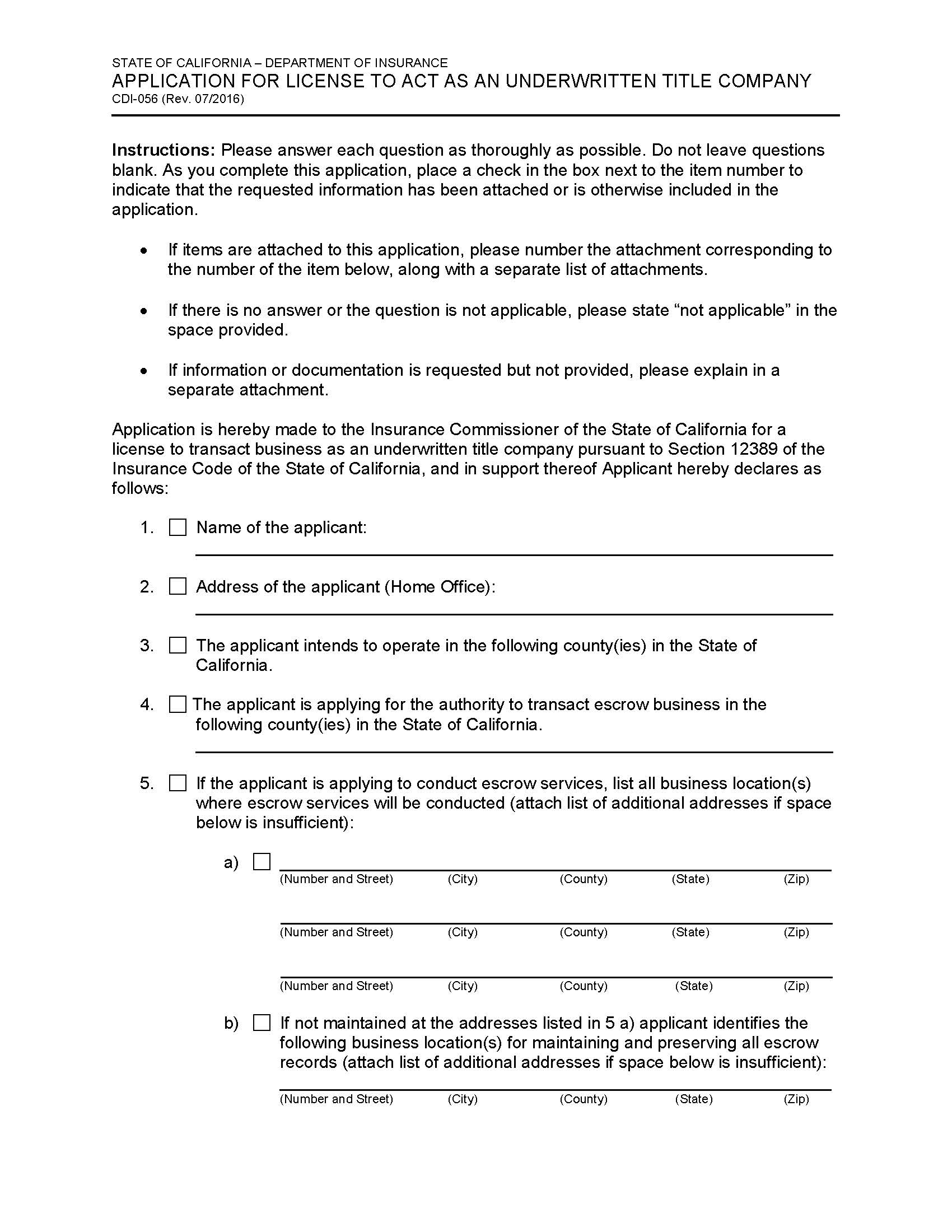 Application For License To Act As An Underwritten Title Company {CDI-056} | Pdf Fpdf Doc Docx | California