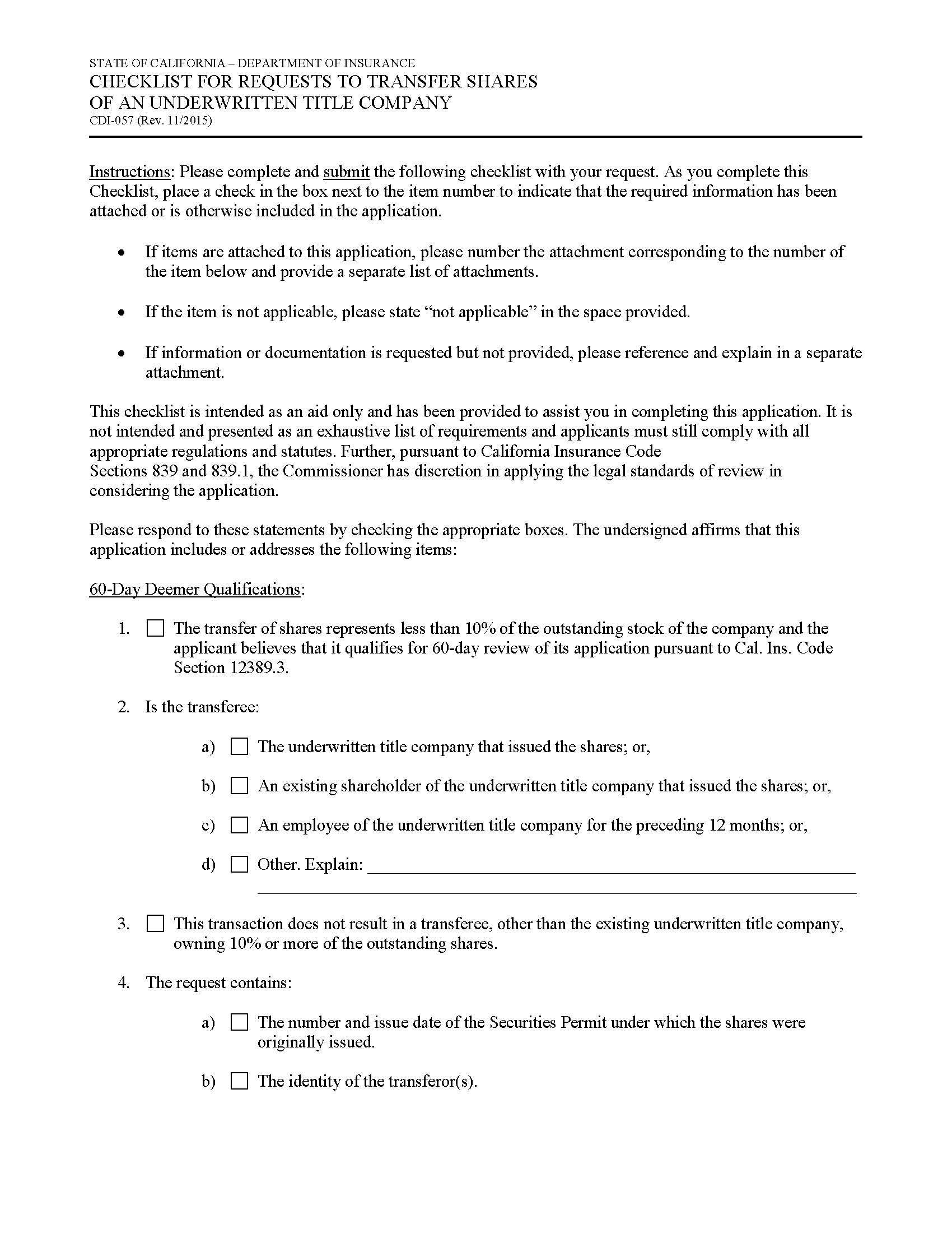 Checklist For Requests To Transfer Shares Of An Underwritten Title Company {CDI-057} | Pdf Fpdf Doc Docx | California