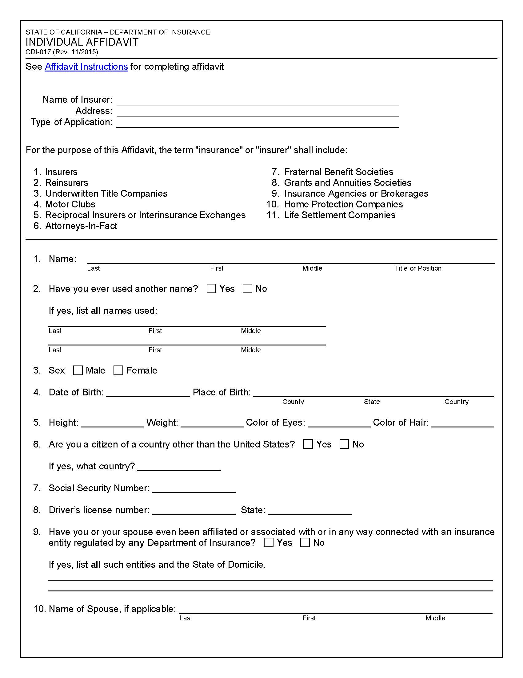 Individual Affidavit {CDI-17} | Pdf Fpdf Doc Docx | California