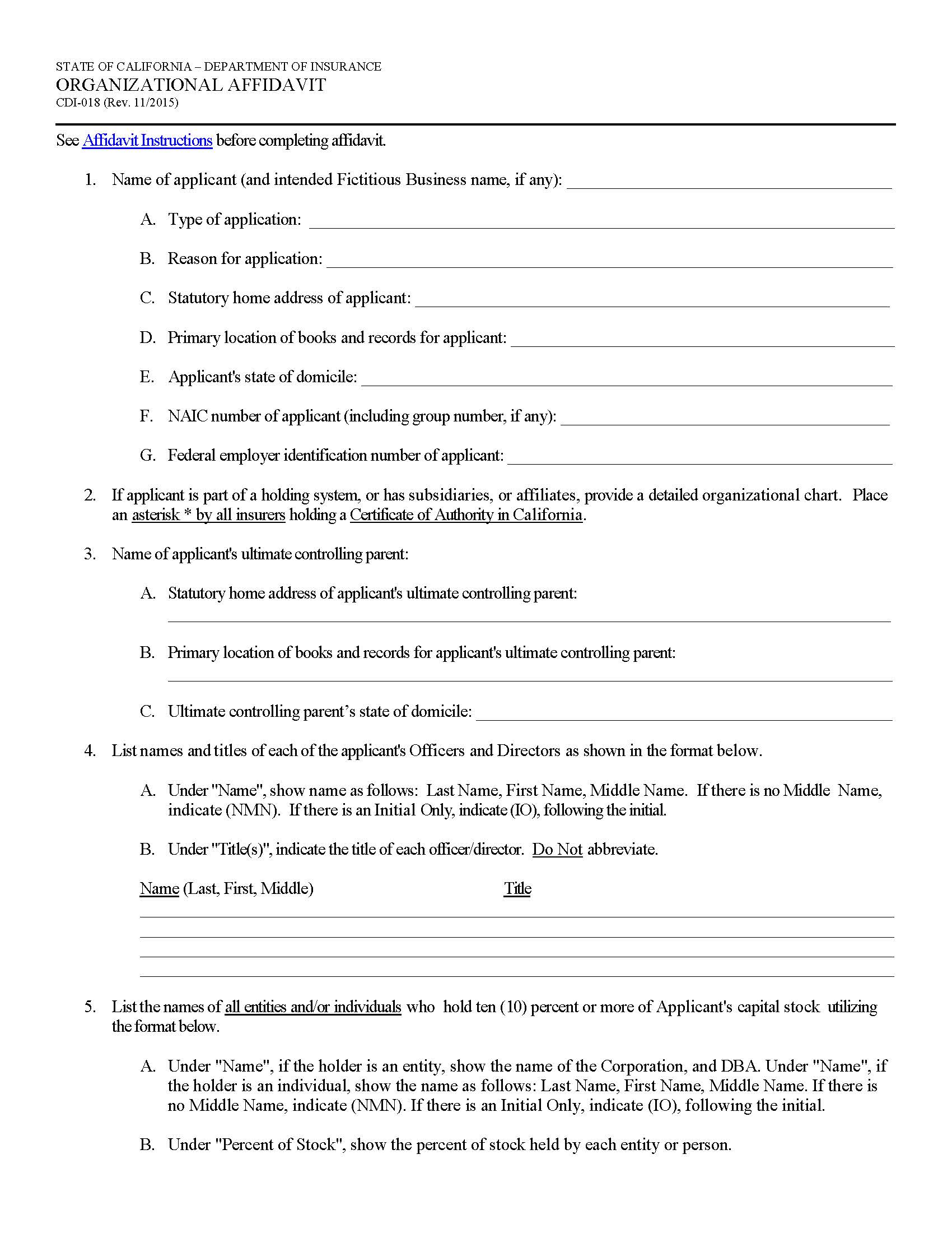 Organizational Affidavit {CDI-18} | Pdf Fpdf Doc Docx | California