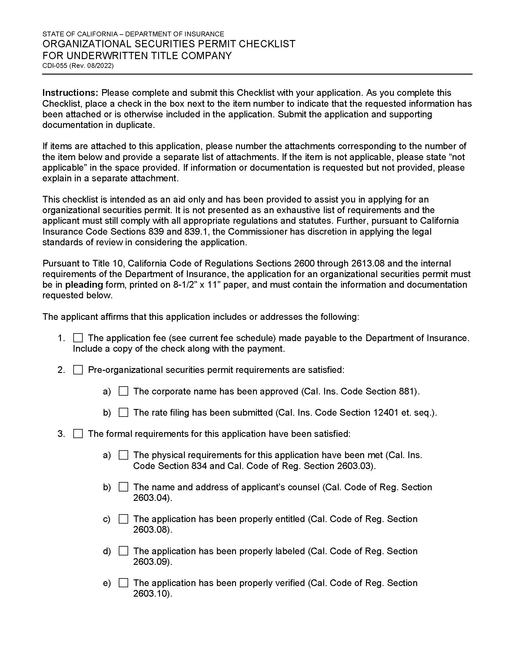 Organizational Securities Permit Checklist For Underwritten Title Company {CDI-055} | Pdf Fpdf Doc Docx | California