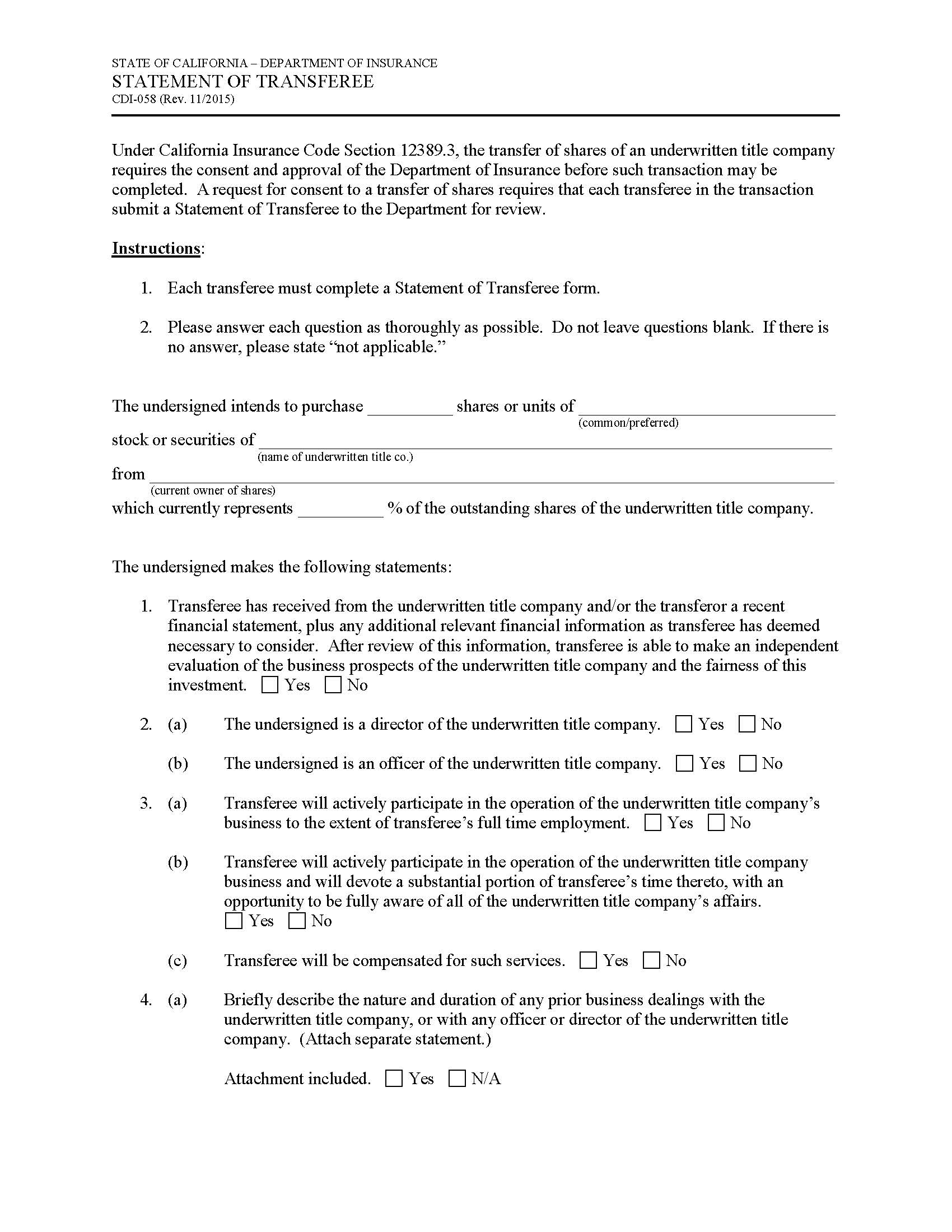 Statement Of Transferee {CDI-058} | Pdf Fpdf Doc Docx | California