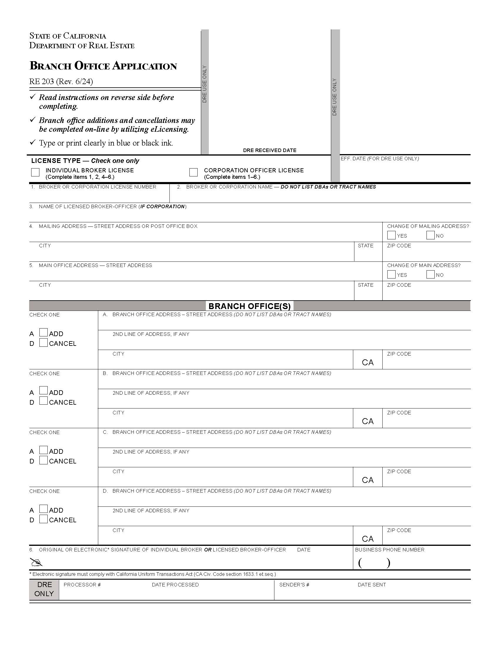 Branch Office Application {RE 203} | Pdf Fpdf Docx | California