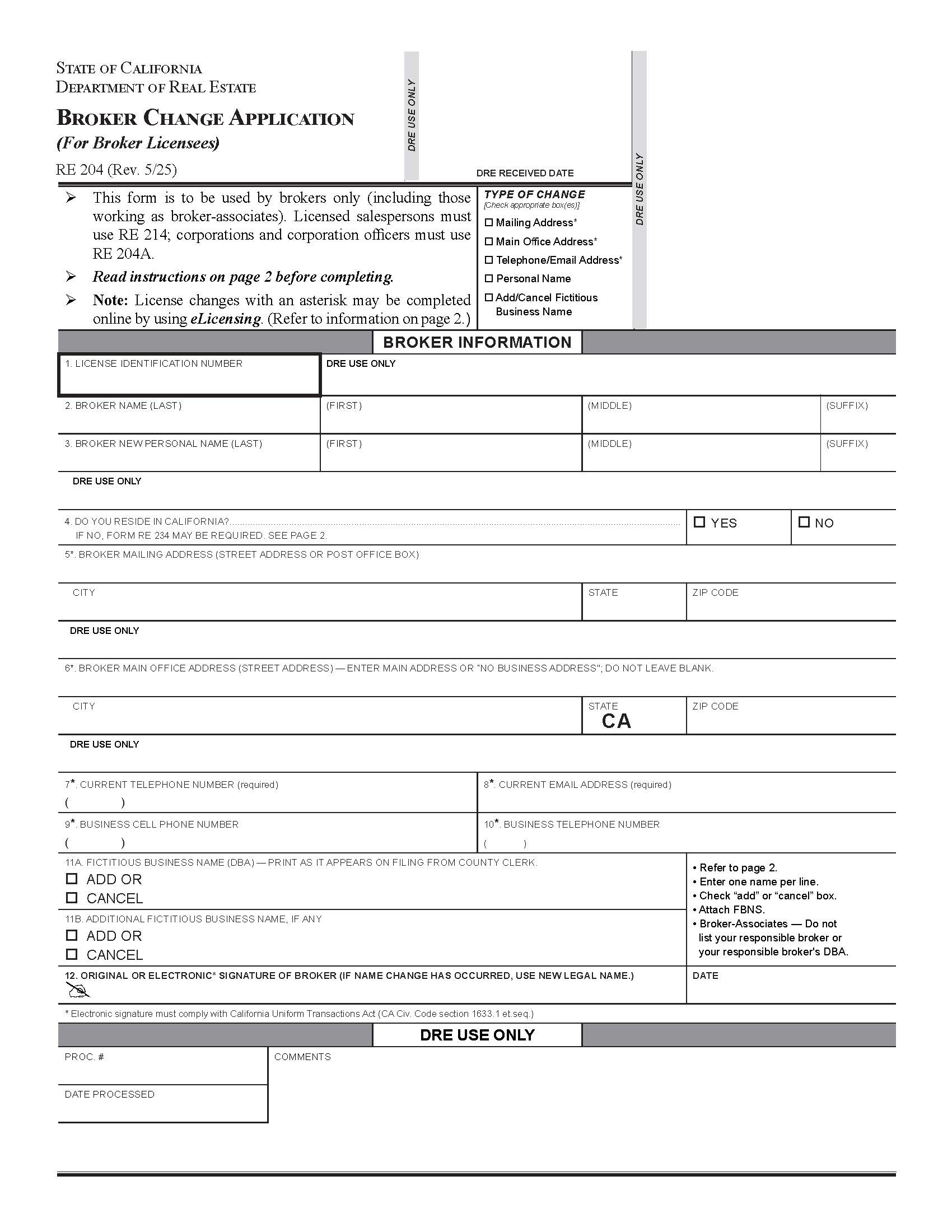 Broker Change Application (For Broker Licensees) {RE 204} | Pdf Fpdf Docx | California