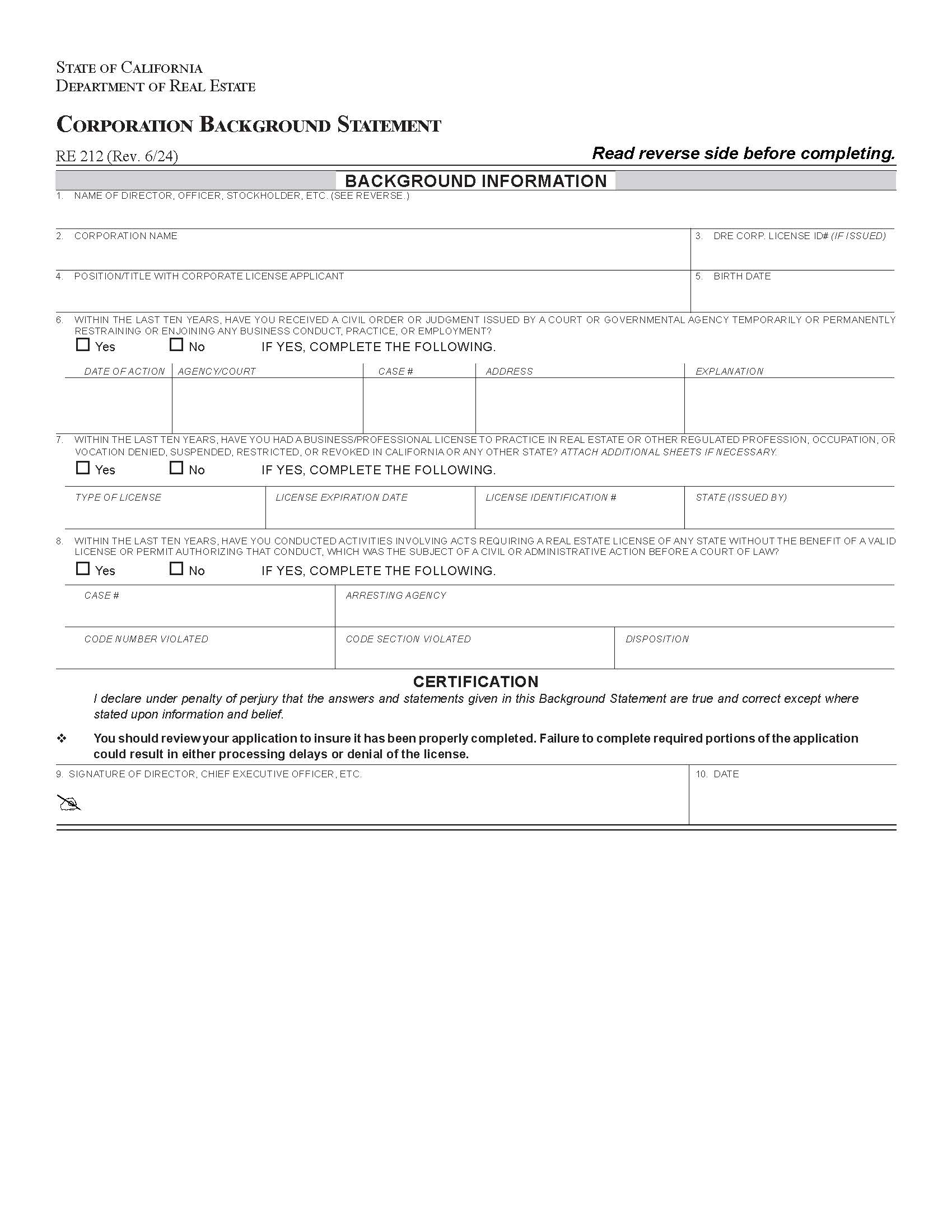 Corporation Background Statement {RE 212} | Pdf Fpdf Docx | California