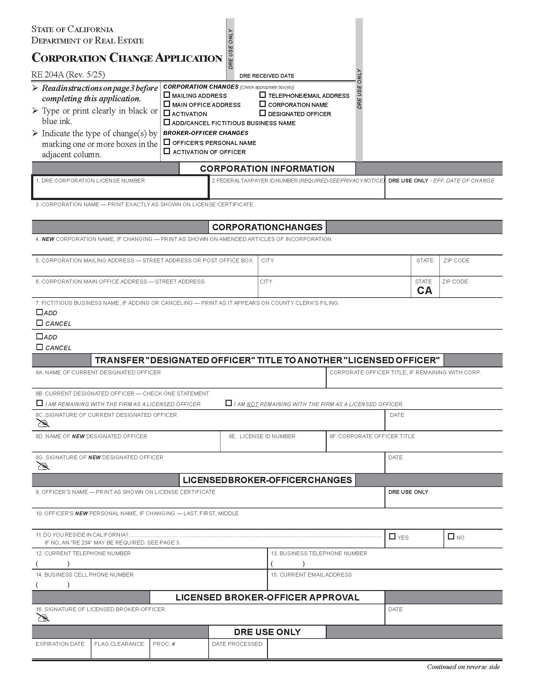 Corporation Change Application {RE 204A} | Pdf Fpdf Docx | California