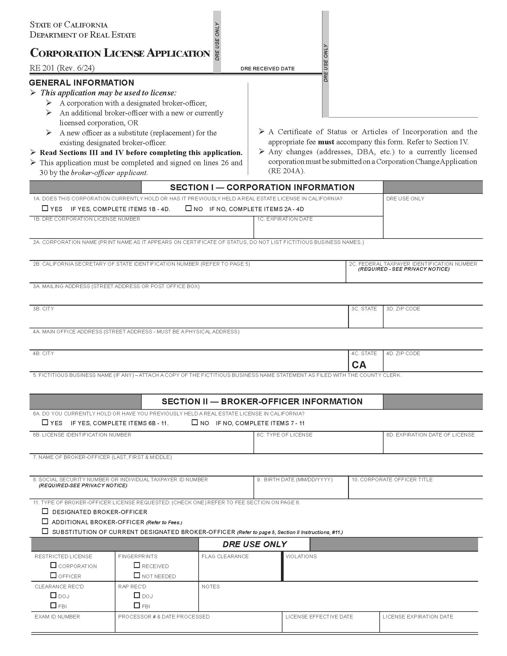 Corporation License Application {RE 201} | Pdf Fpdf Docx | California