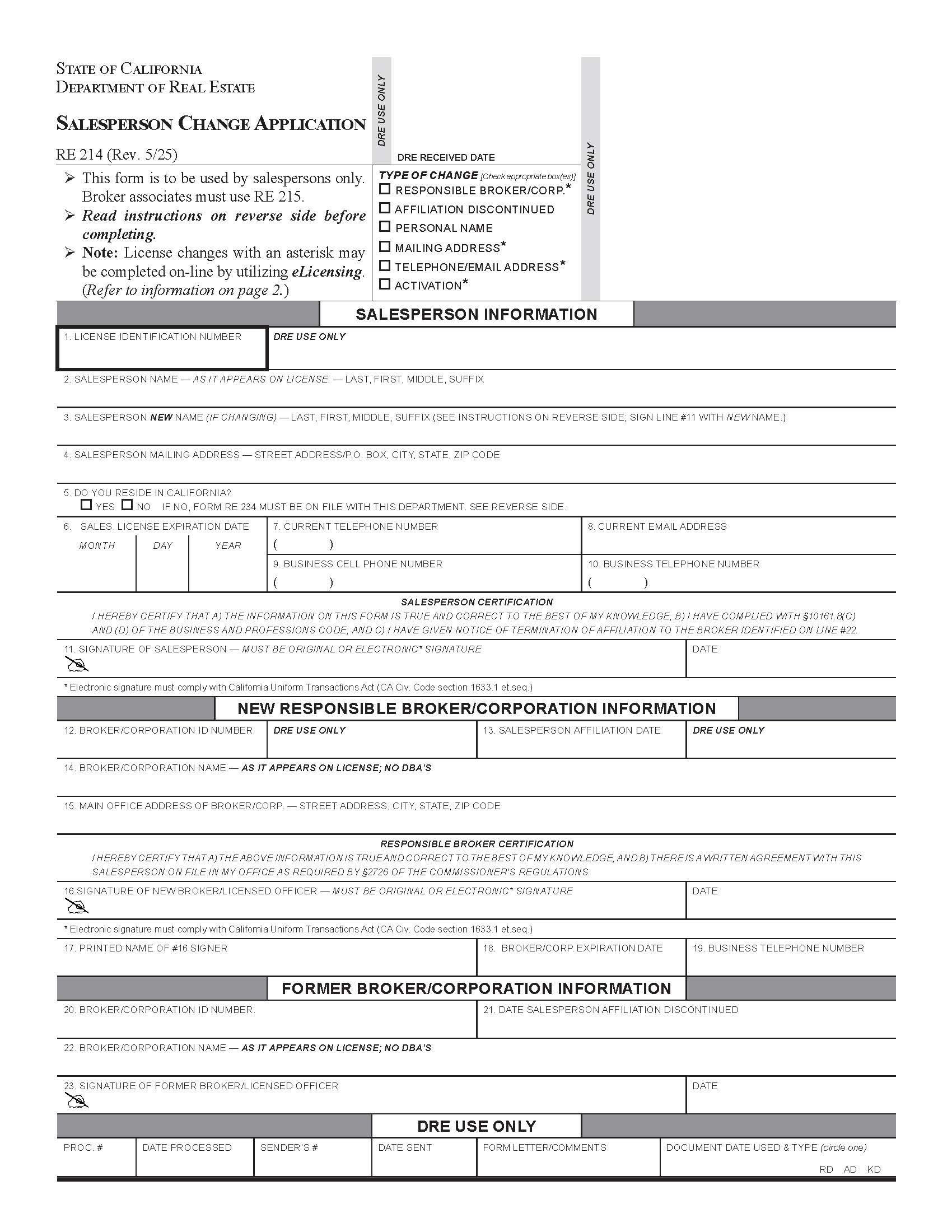 Salesperson Change Application {RE 214} | Pdf Fpdf Docx | California