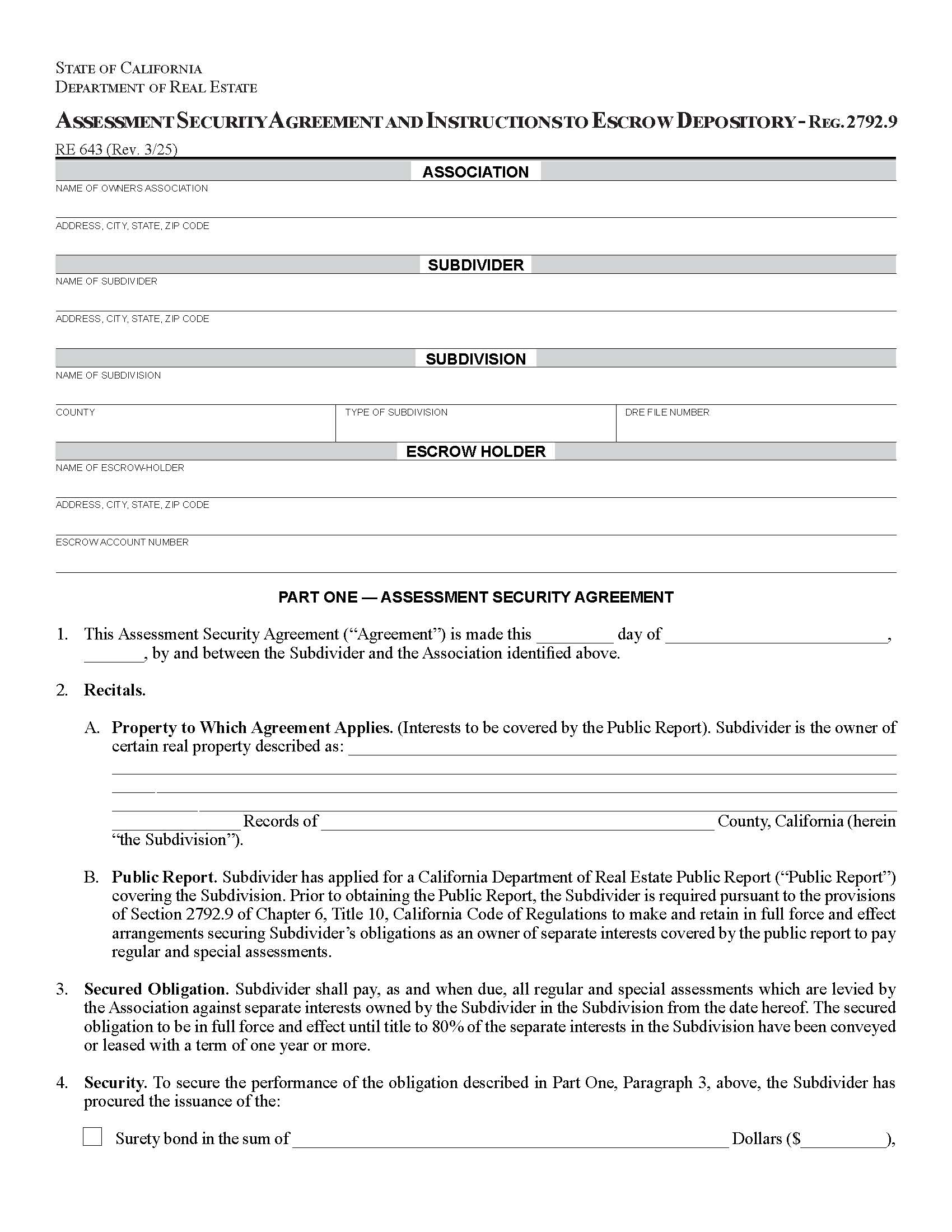 Assessment Security Agreement And Instructions To Escrow Depository {RE 643} | Pdf Fpdf Docx | California
