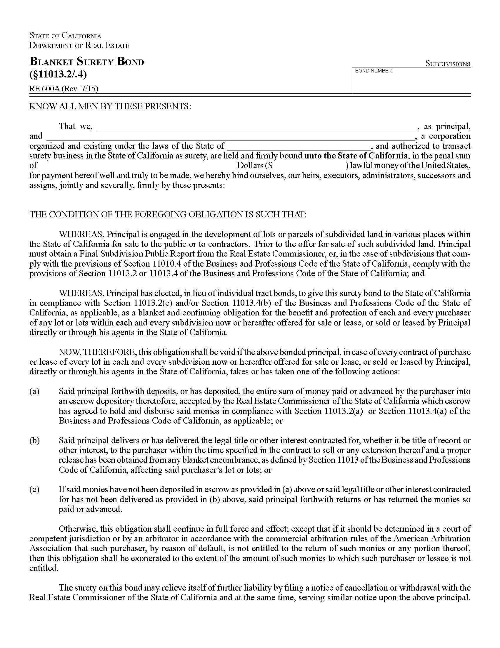 Blanket Surety Bond {RE 600A} | Pdf Fpdf Docx | California