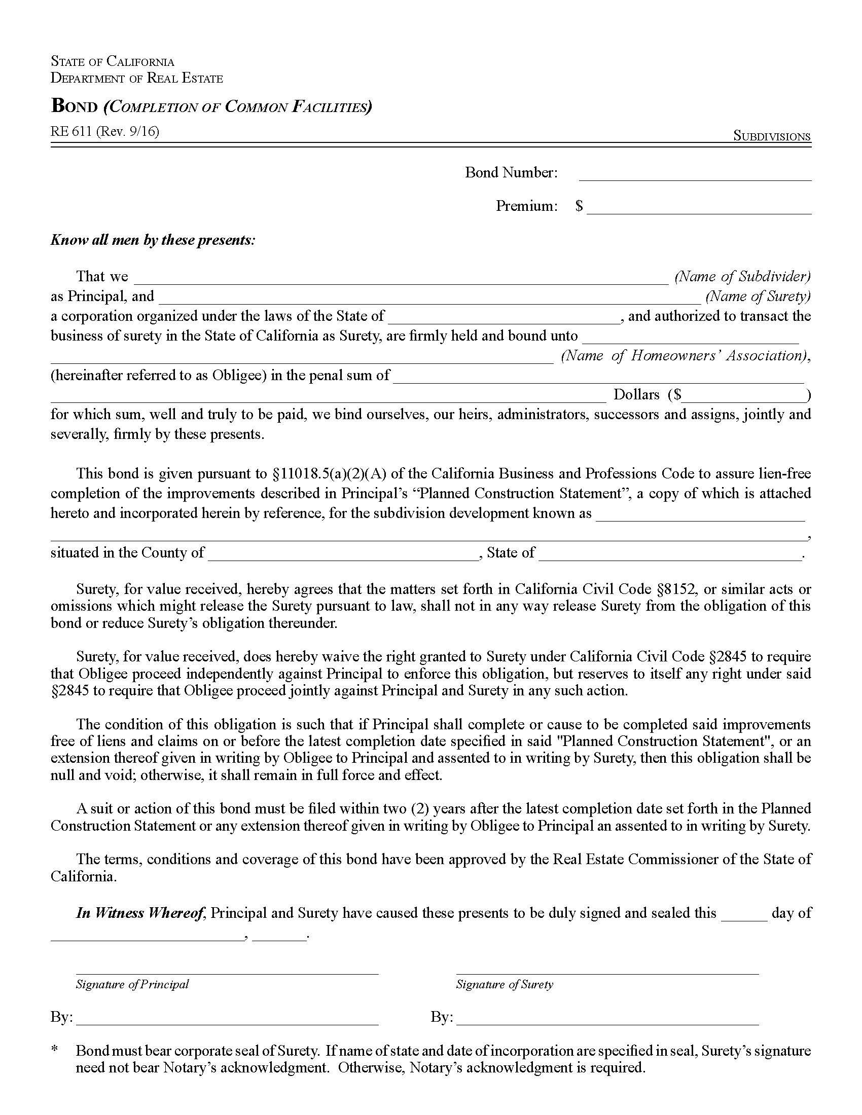 Bond (Completion Of Common Facilities) {RE 611} | Pdf Fpdf Docx | California