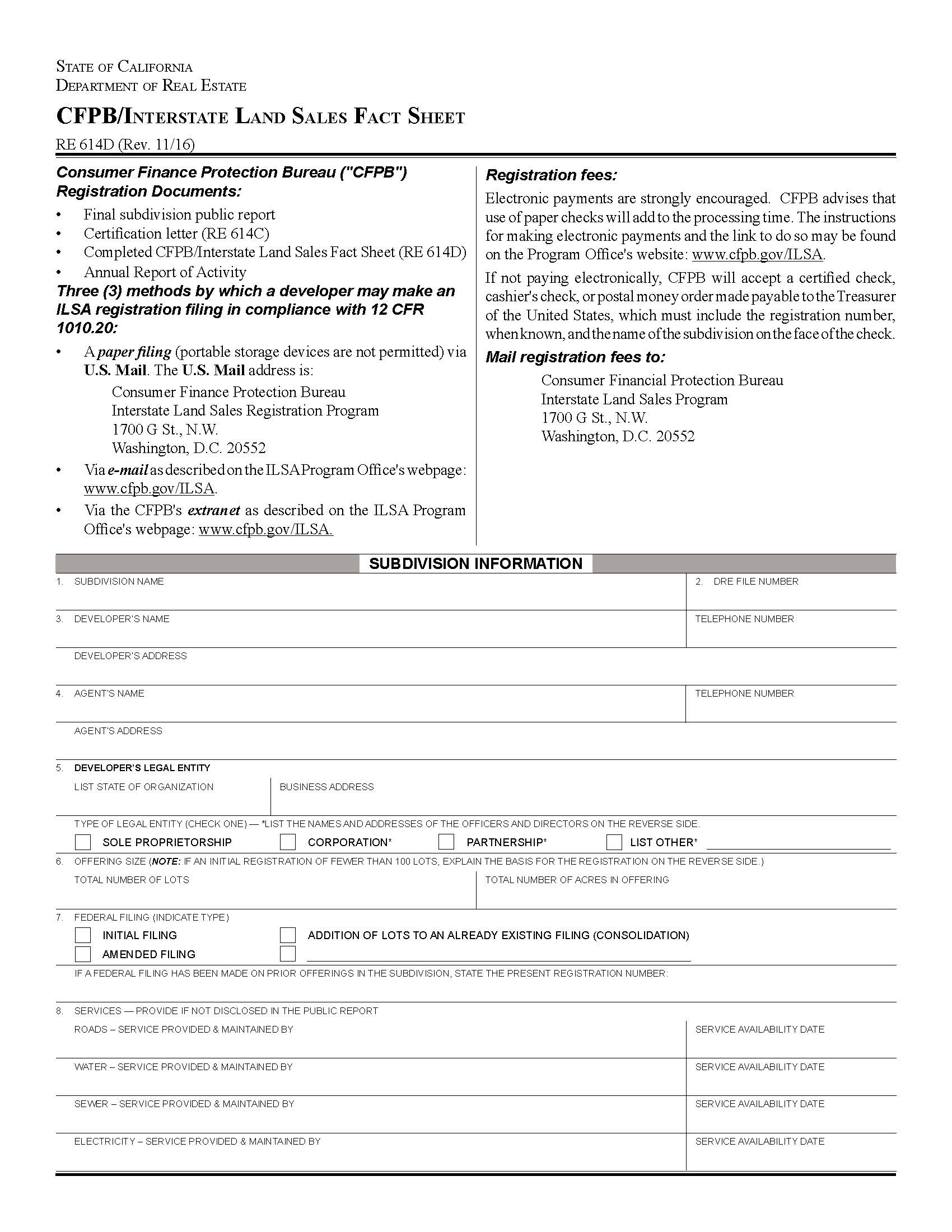 CFPB Interstate Land Sales Fact Sheet {RE 614D} | Pdf Fpdf Docx | California