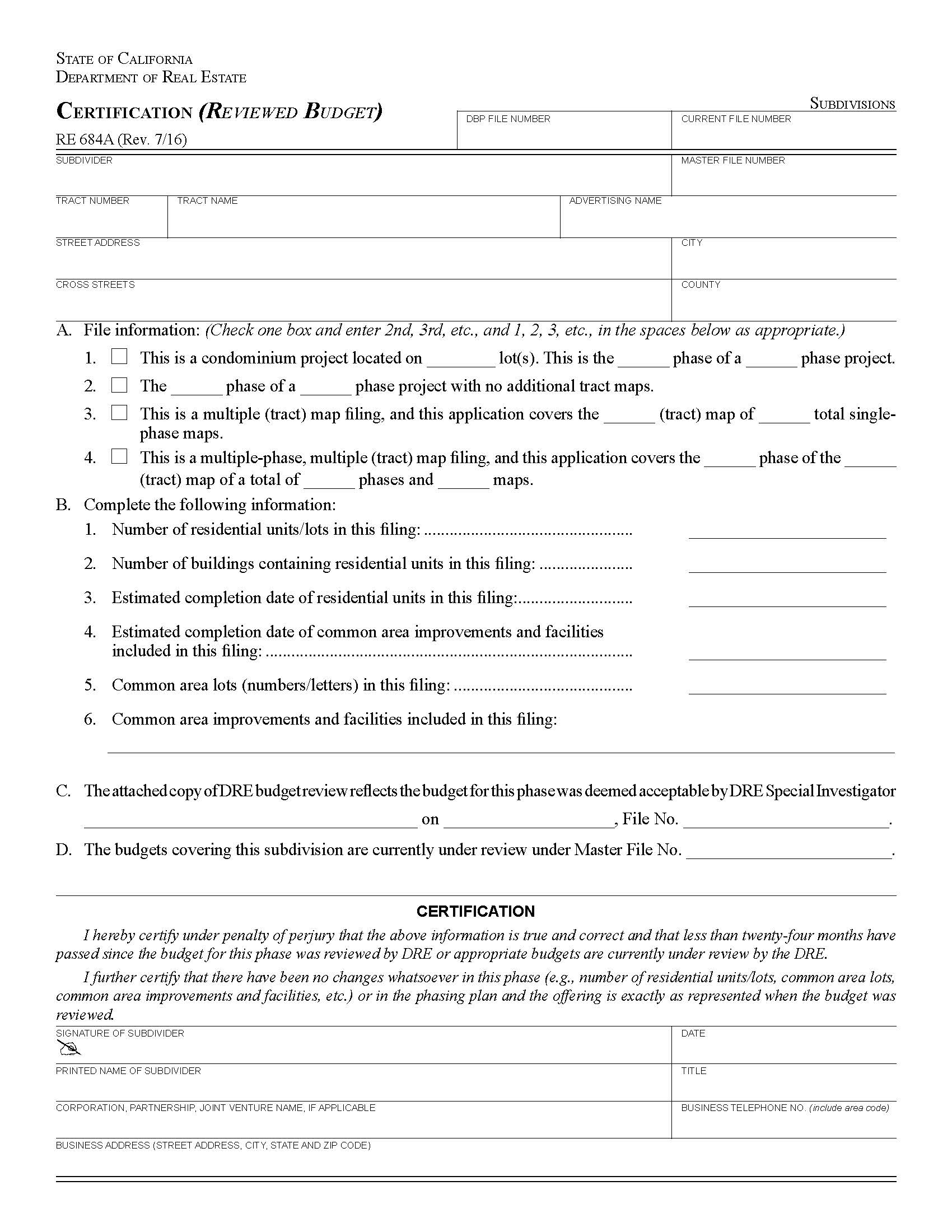 Certification (Reviewed Budget) {RE 684A} | Pdf Fpdf Docx | California
