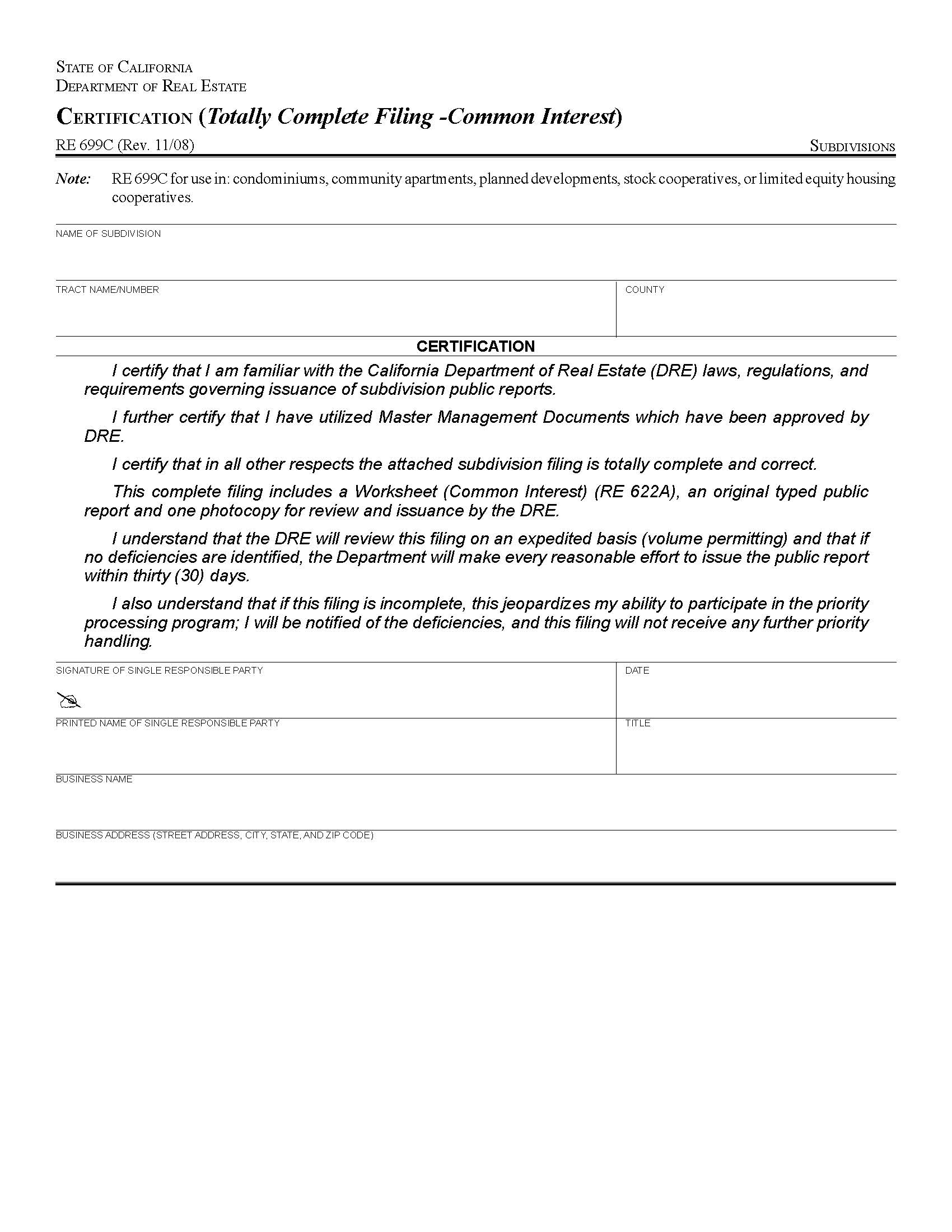 Certification (Totally Complete Filing Common Interest) {RE 699C} | Pdf Fpdf Docx | California