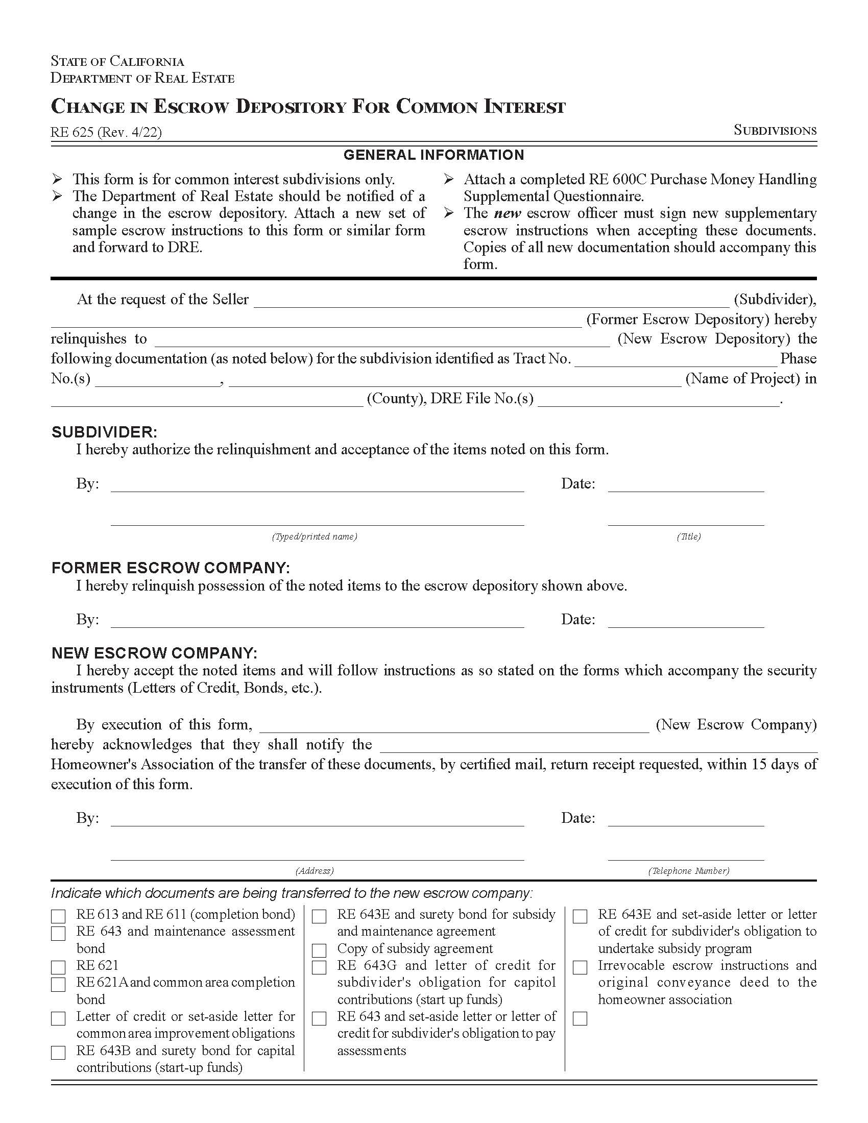 Change In Escrow Depository {RE 625} | Pdf Fpdf Docx | California