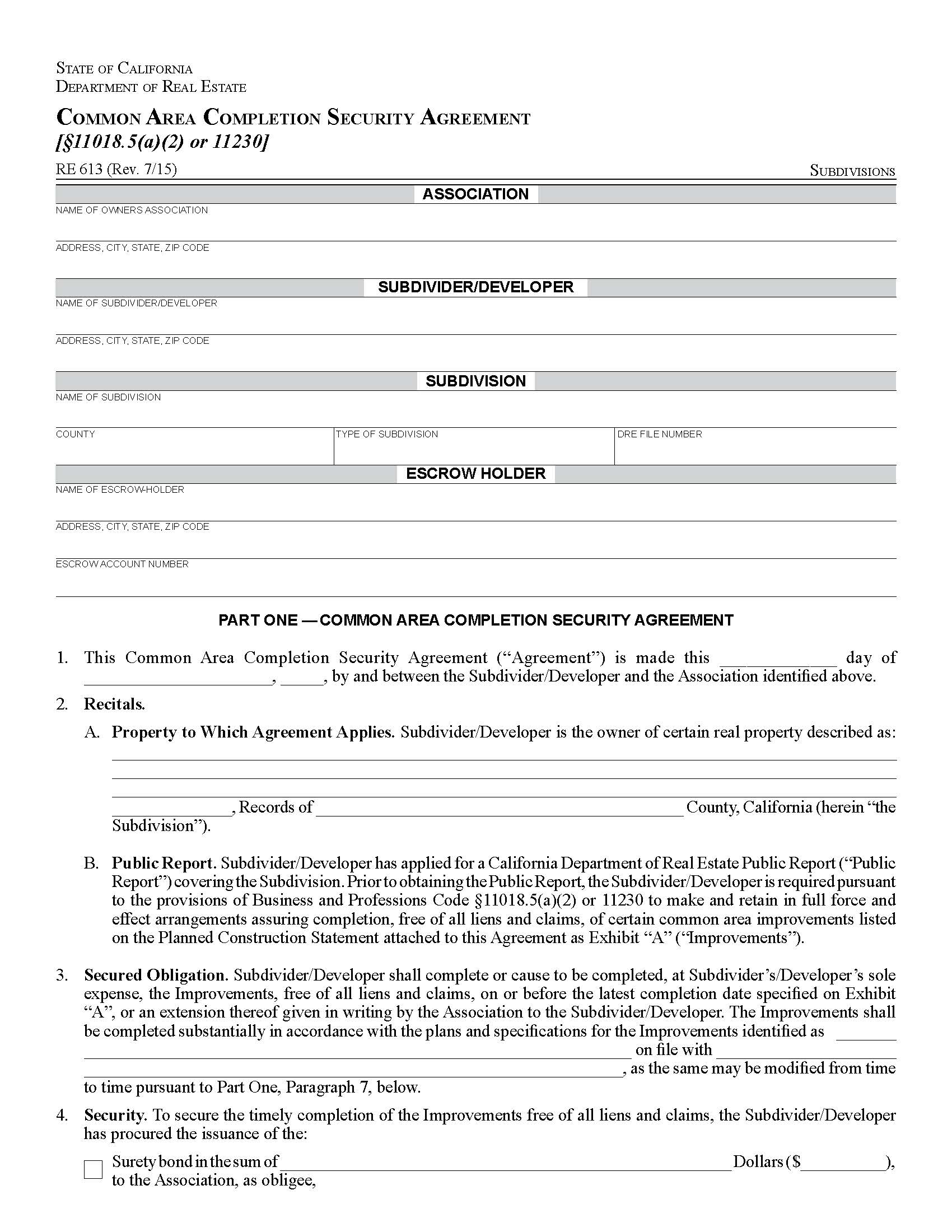 Common Area Completion Security Agreement {RE 613} | Pdf Fpdf Docx | California