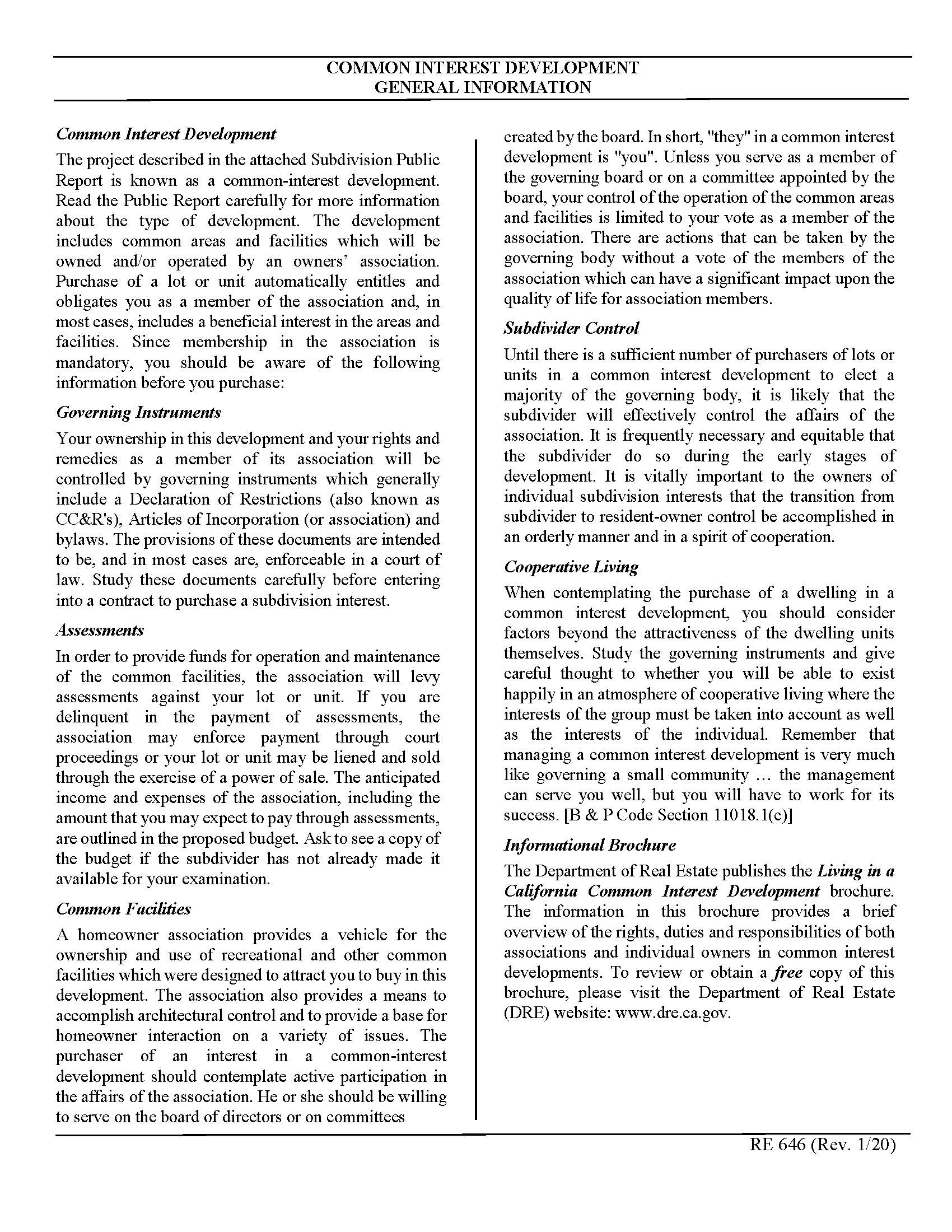 Common Interest Development General Information {RE 646} | Pdf Fpdf Docx | California