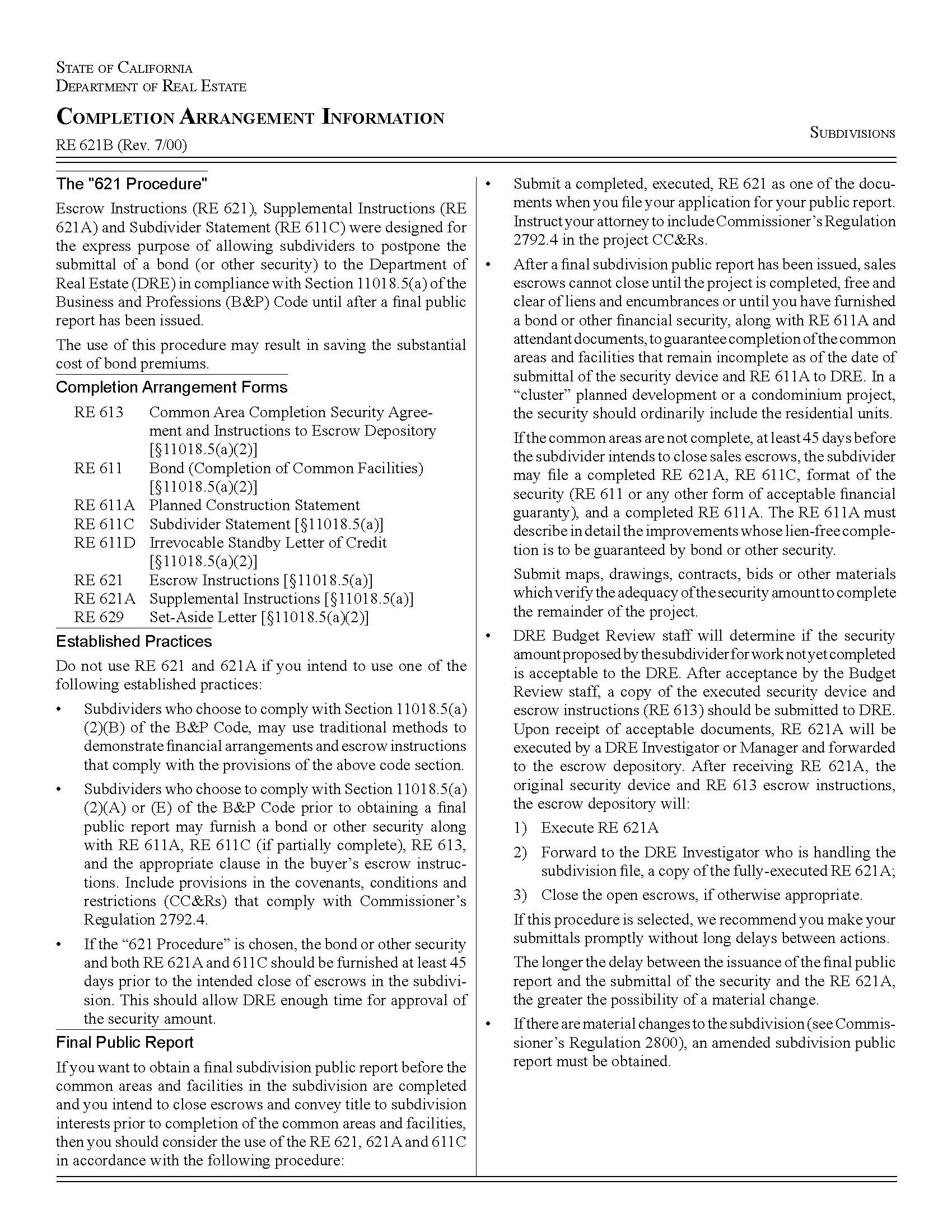 Completion Arrangement Information {RE 621B} | Pdf Fpdf Docx | California