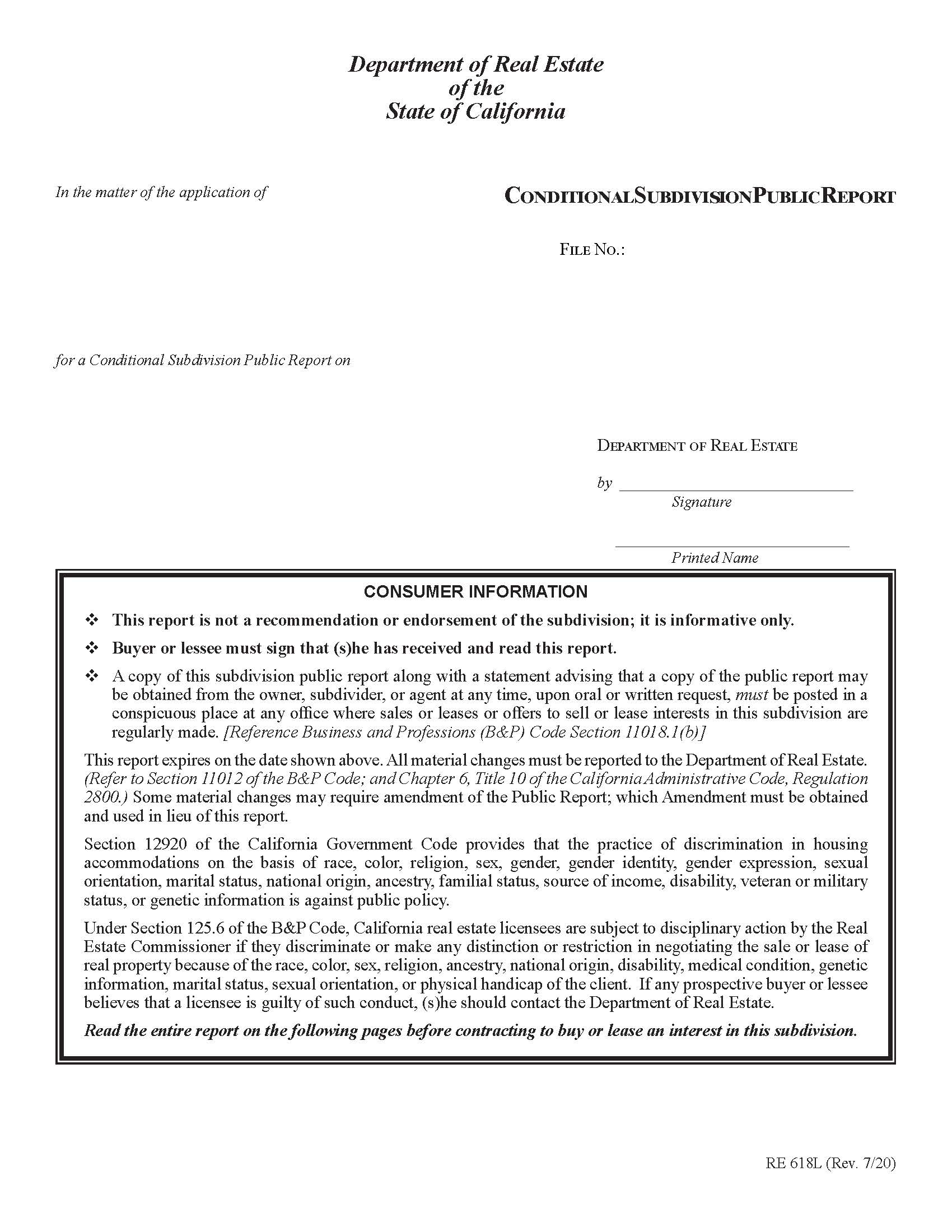 Conditional Subdivision Public Report {RE 618L} | Pdf Fpdf Docx | California