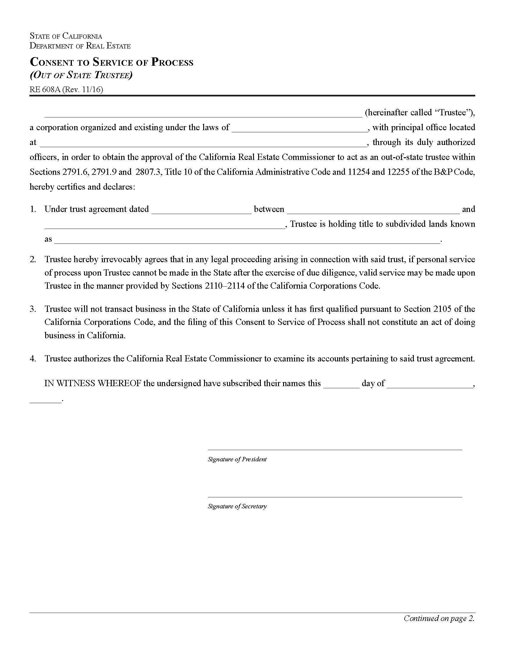 Consent To Service Of Process (Out Of State Trustee) {RE 608A} | Pdf Fpdf Docx | California