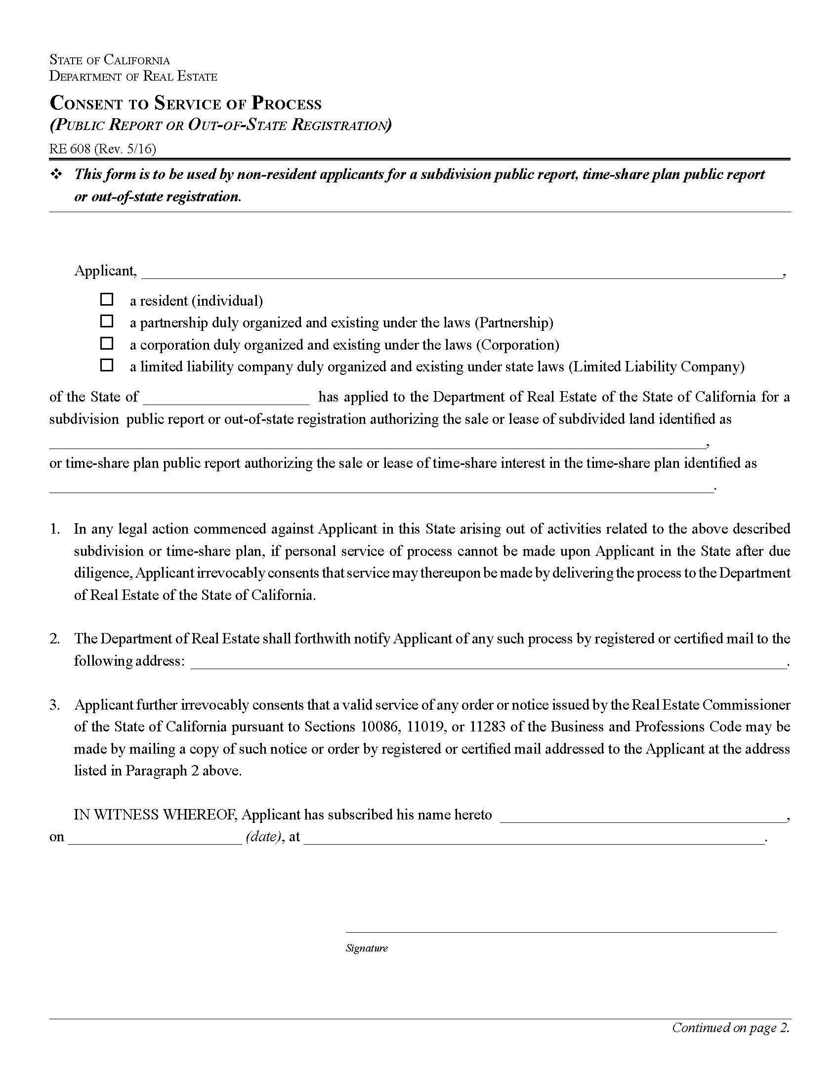 Consent To Service Of Process (Public Report Or Out Of State Registration) {RE 608} | Pdf Fpdf Docx | California