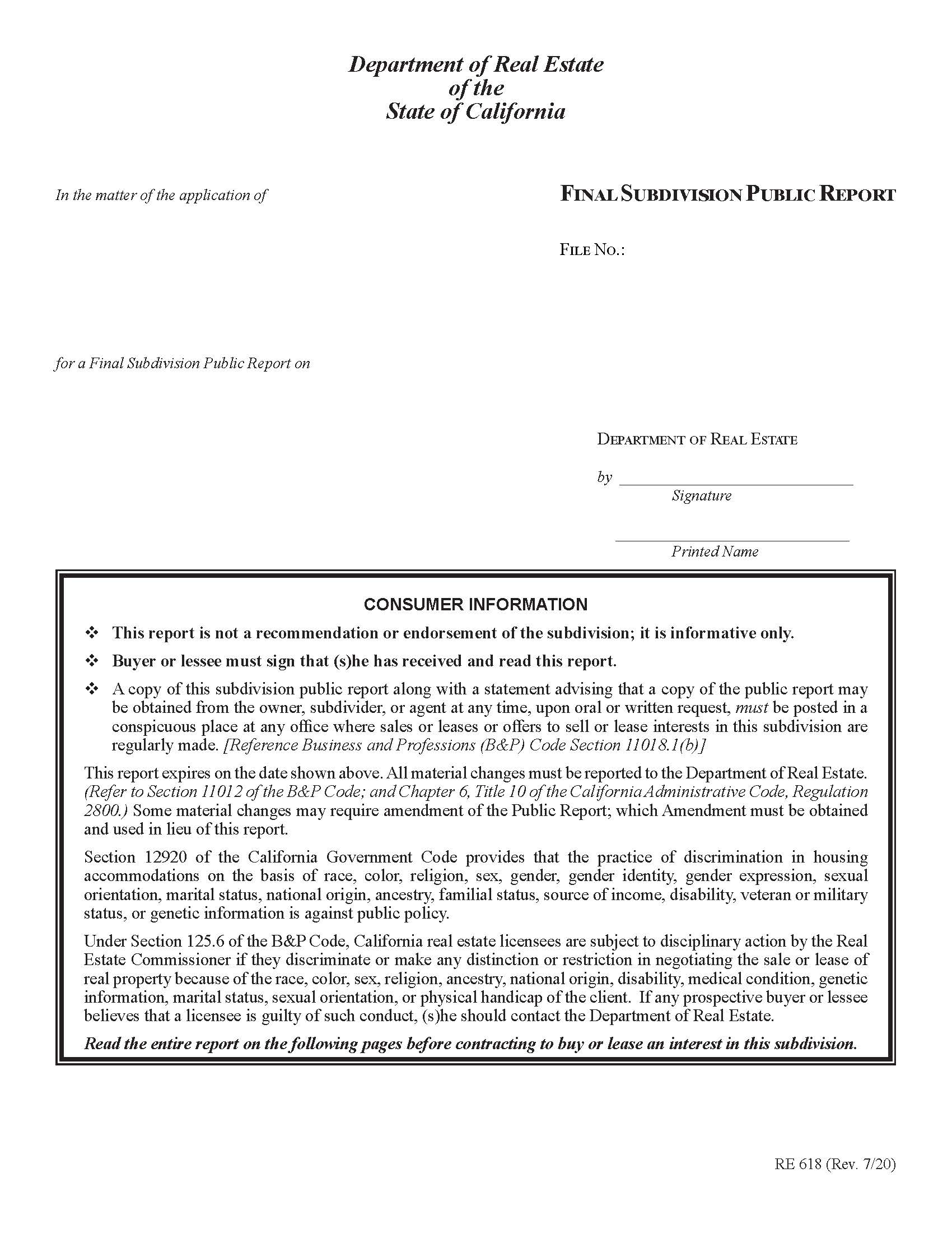 Final Subdivision Public Report {RE 618} | Pdf Fpdf Docx | California