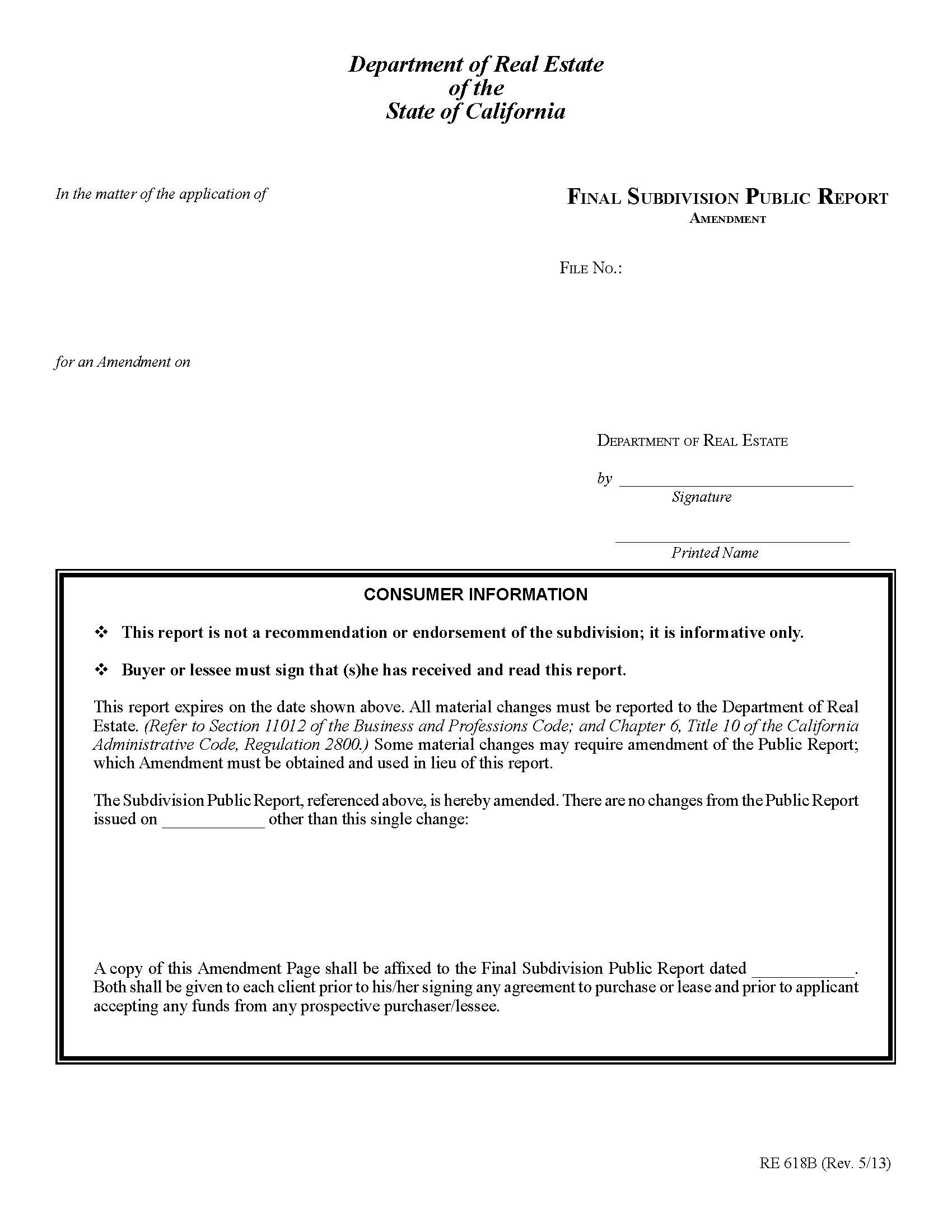 Final Subdivision Public Report Amendment {RE 618B} | Pdf Fpdf Docx | California