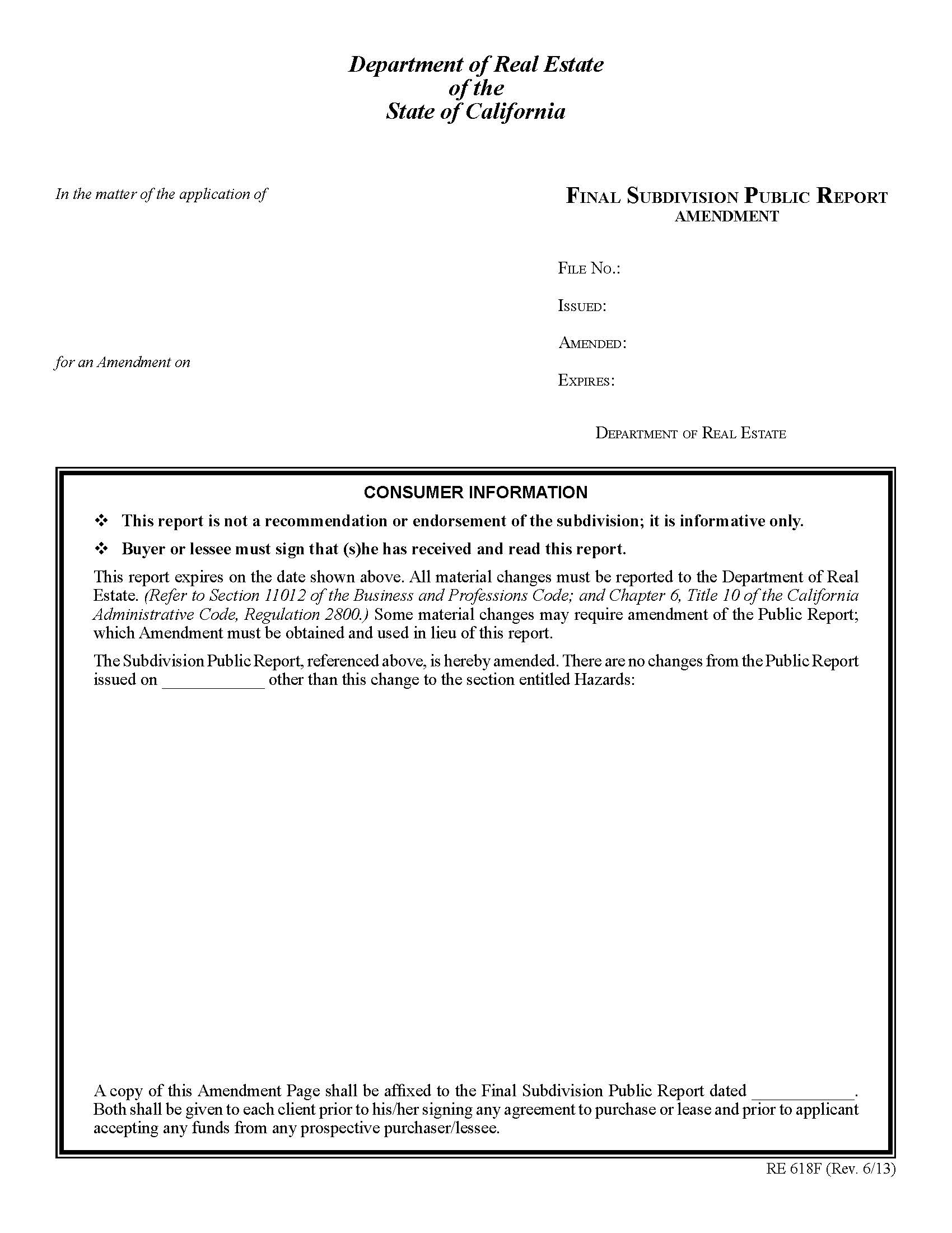 Final Subdivision Public Report Amendment {RE 618F} | Pdf Fpdf Docx | California