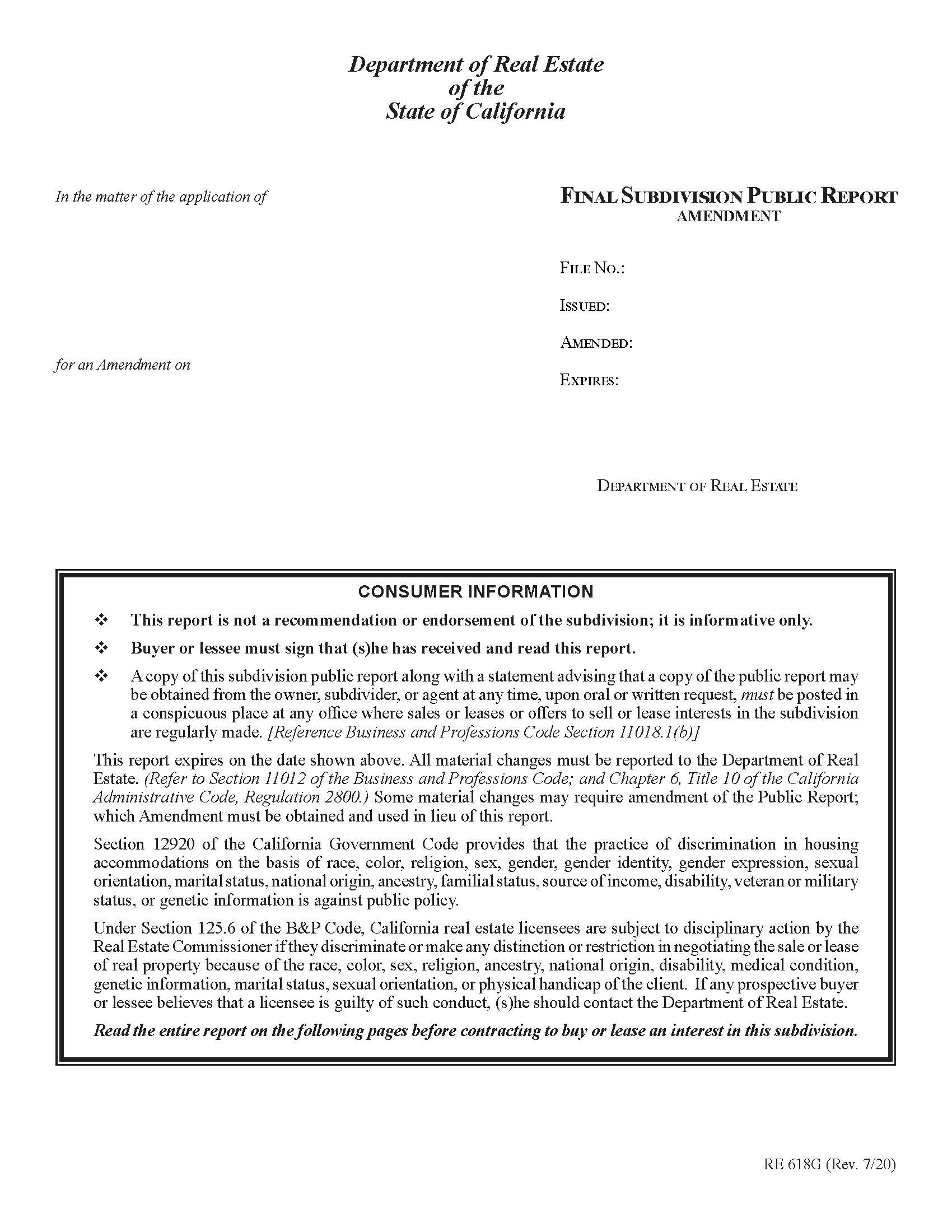 Final Subdivision Public Report Amendment {RE 618G} | Pdf Fpdf Docx | California