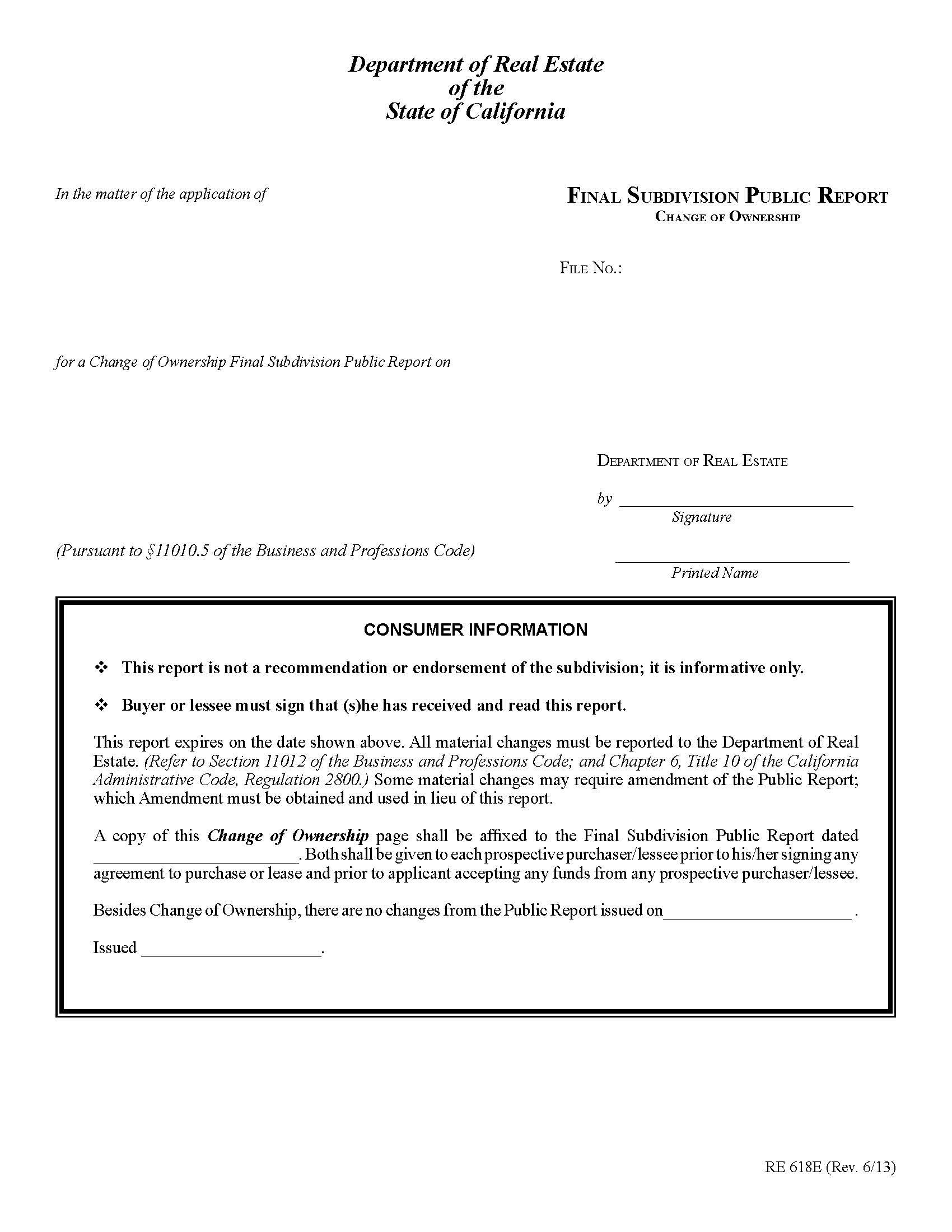 Final Subdivision Public Report Change Of Ownership {RE 618E} | Pdf Fpdf Docx | California