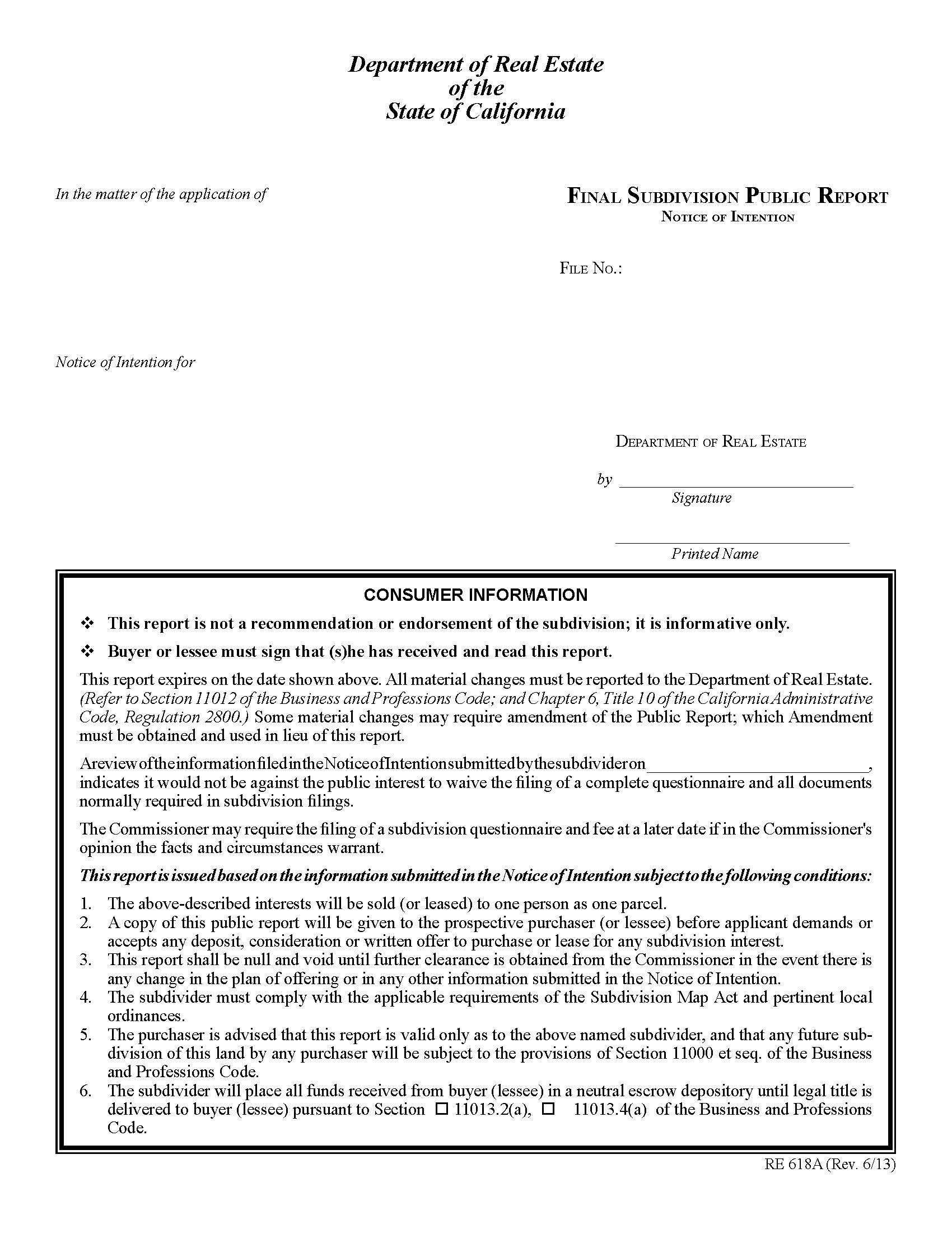 Final Subdivision Public Report Notice Of Intention {RE 618A} | Pdf Fpdf Docx | California