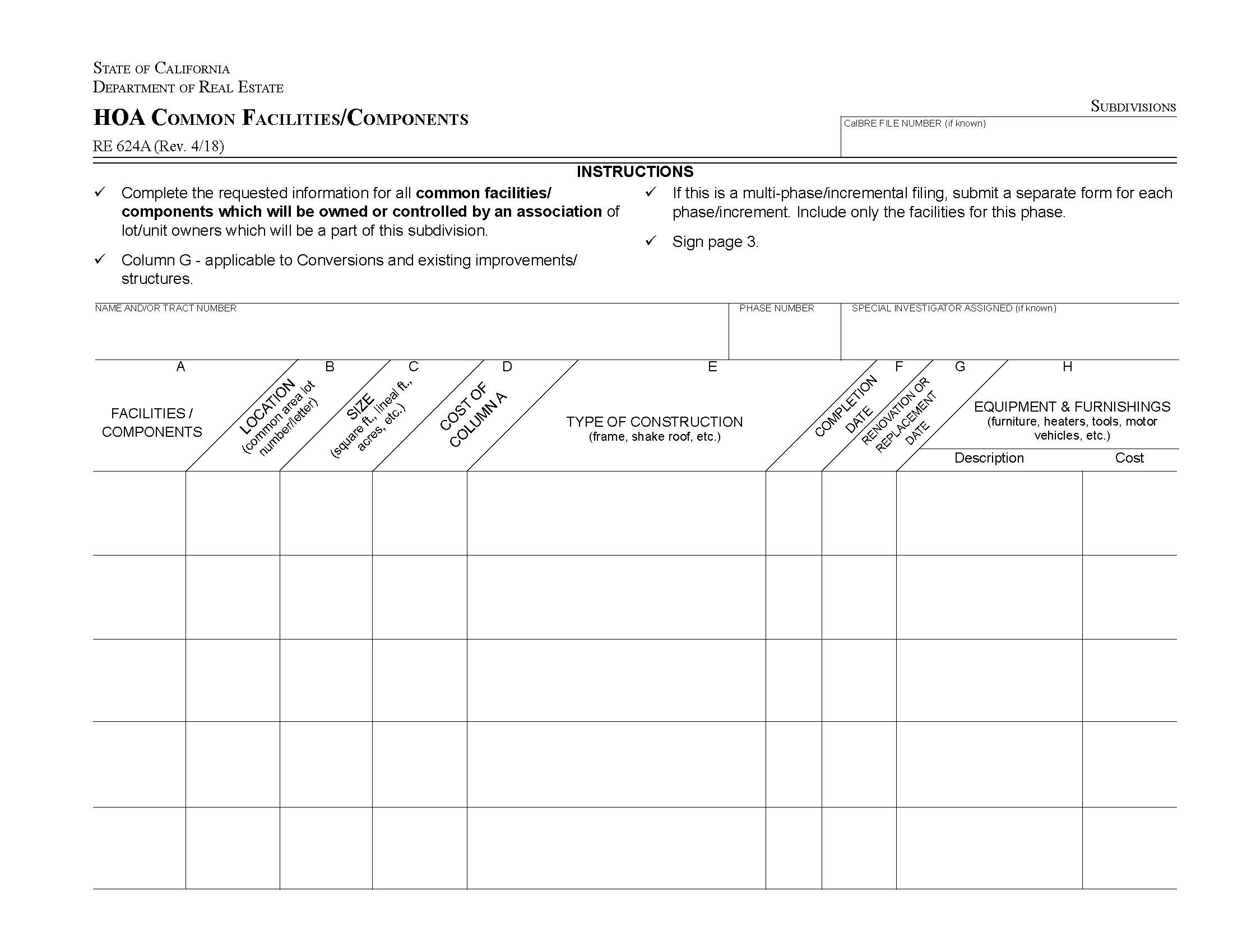 HOA Common Facilities {RE 624A} | Pdf Fpdf Docx | California