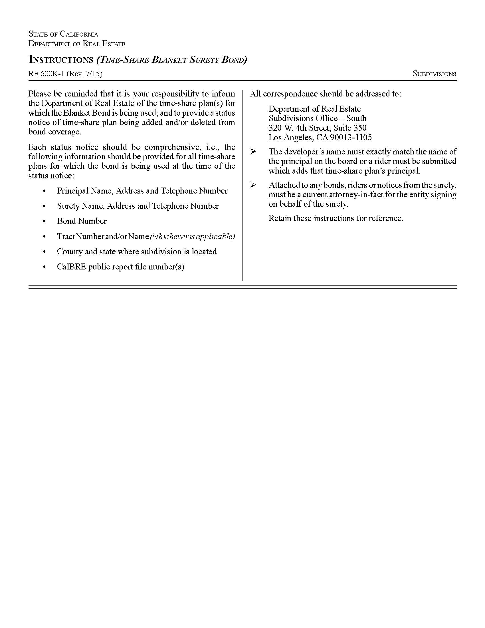Instructions (Time Share Blanket Surety Bond) {RE 600K-1} | Pdf Fpdf Docx | California