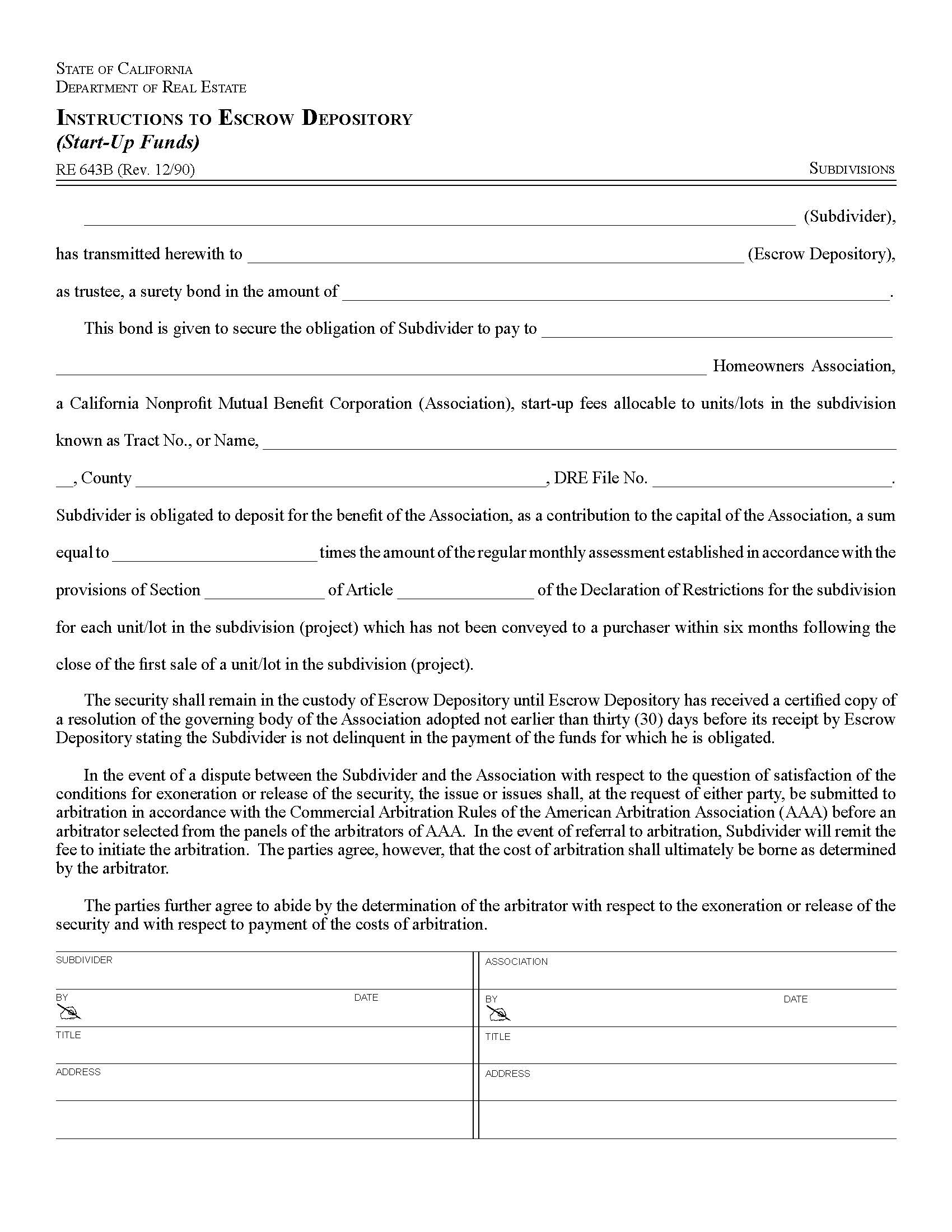 Instructions To Escrow Deposition (Start Up Funds) {RE 643B} | Pdf Fpdf Docx | California