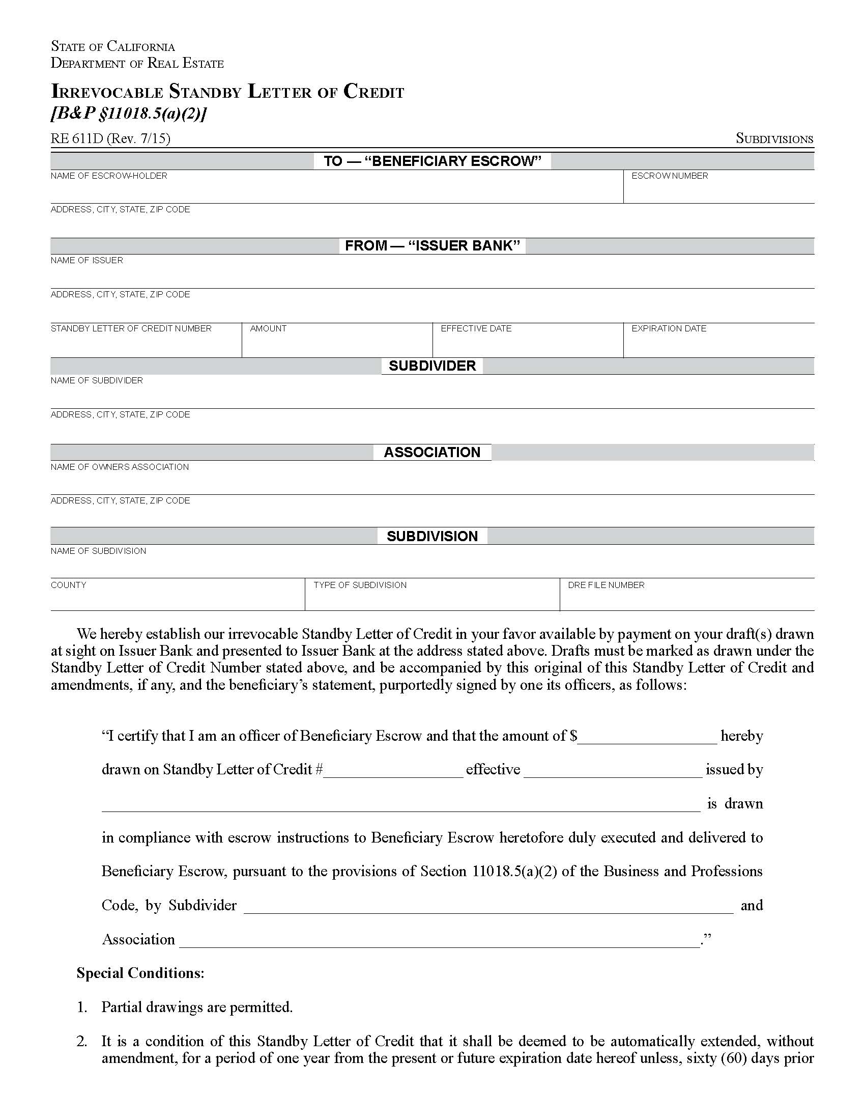 Irrevocable Standby Letter Of Credit {RE 611D} | Pdf Fpdf Docx | California