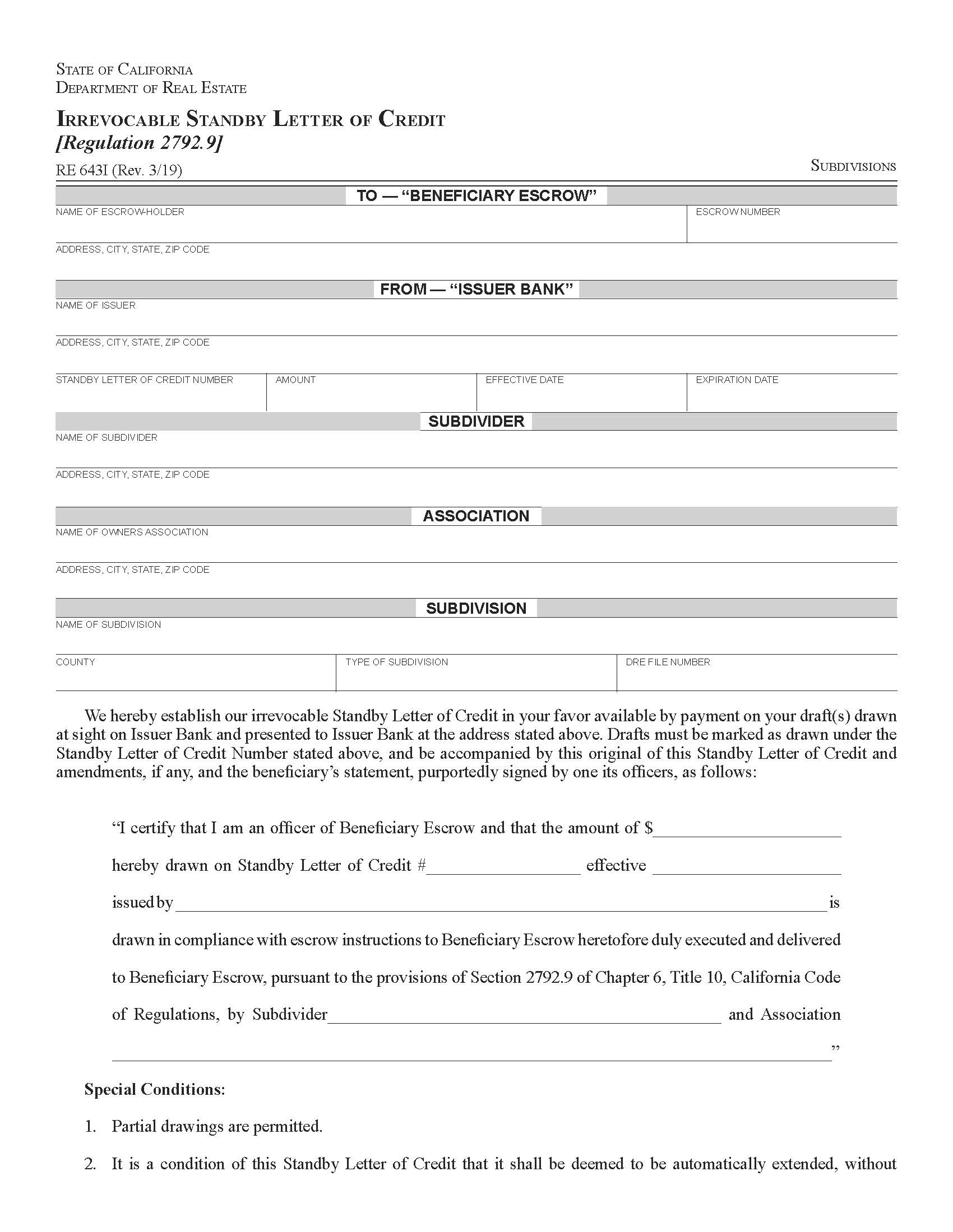 Irrevocable Standby Letter Of Credit {RE 643I} | Pdf Fpdf Docx | California