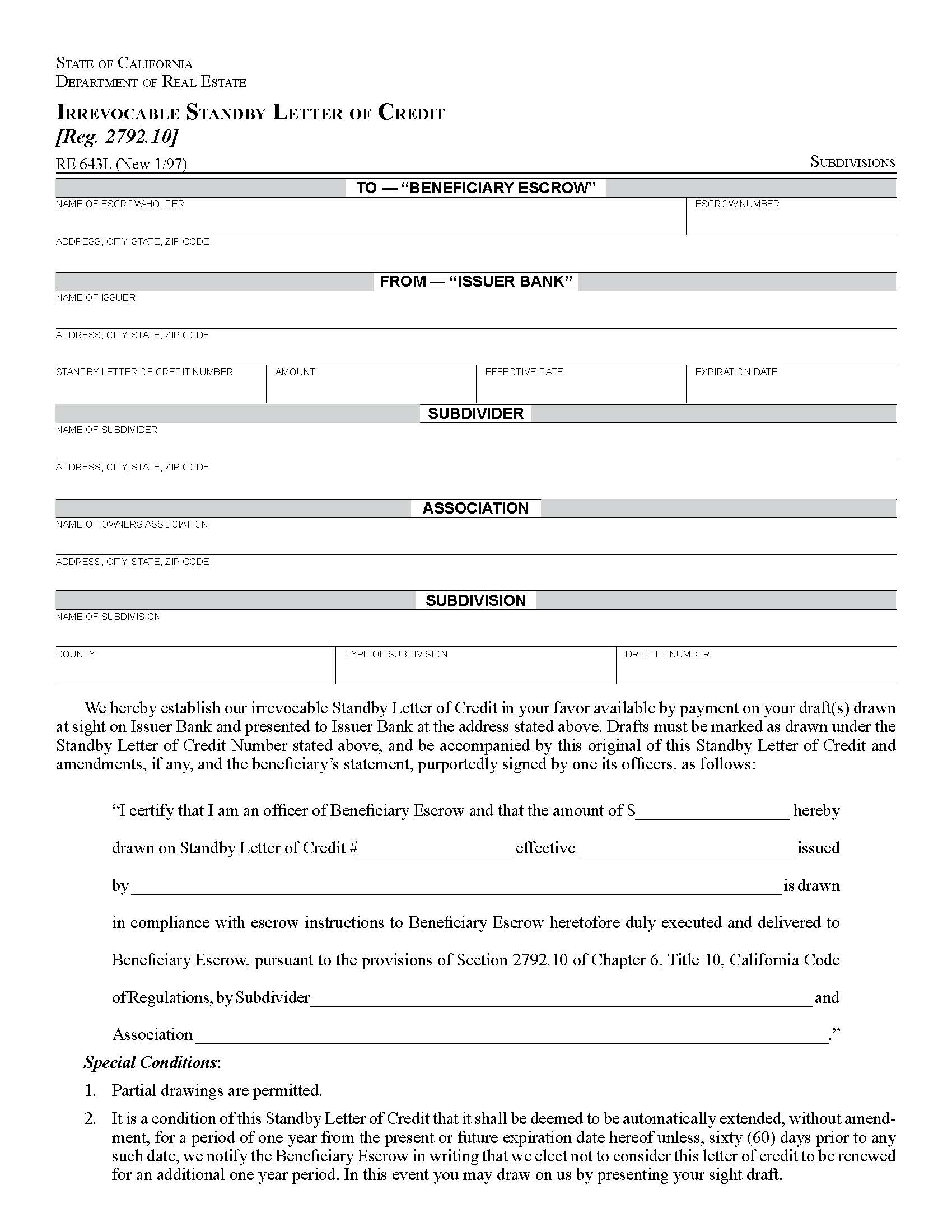 Irrevocable Standby Letter Of Credit {RE 643L} | Pdf Fpdf Docx | California