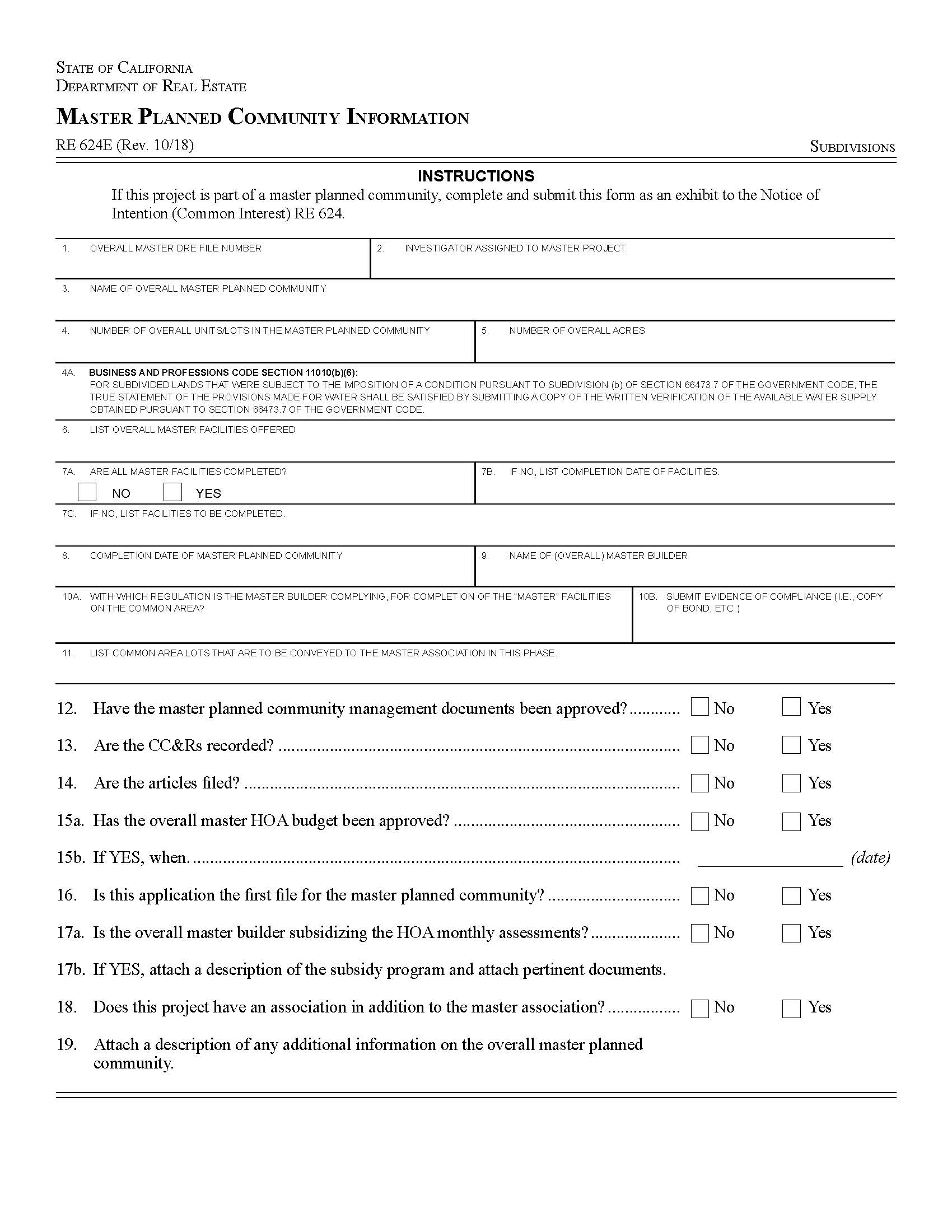 Master Planned Community Information {RE 624E} | Pdf Fpdf Docx | California