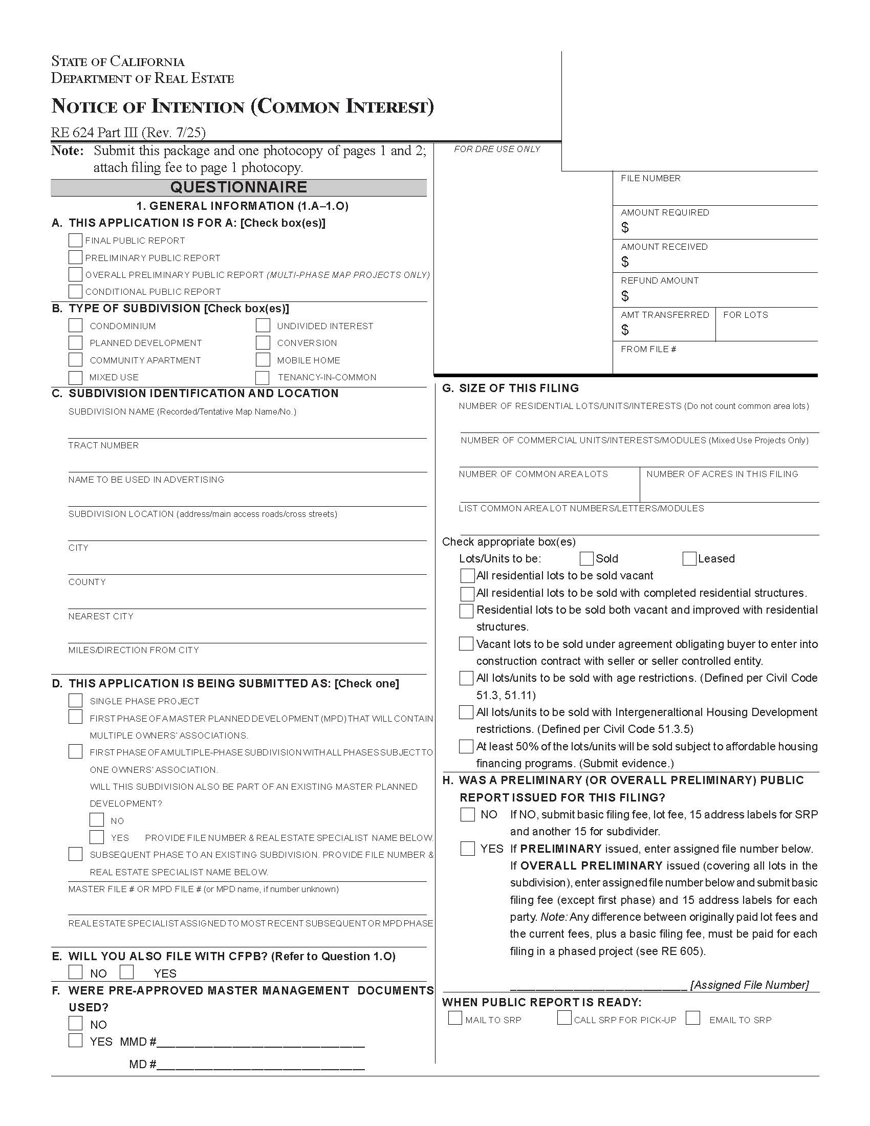 Notice Of Intention (Common Interest) (Part III) {RE 624} | Pdf Fpdf Docx | California