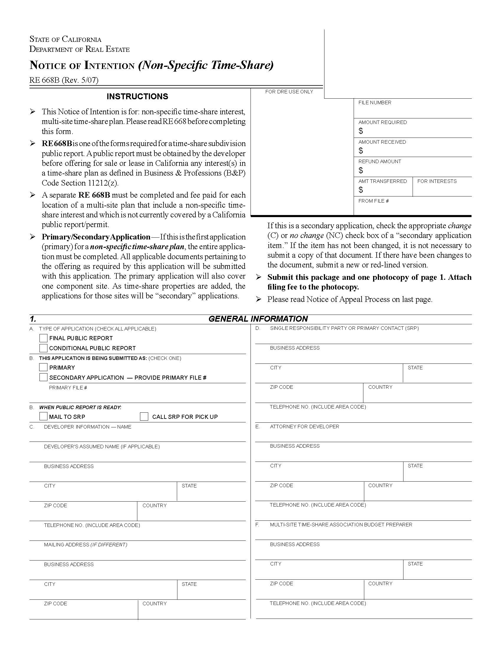Notice Of Intention (Non Specific Time Share) {RE 668B} | Pdf Fpdf Docx | California