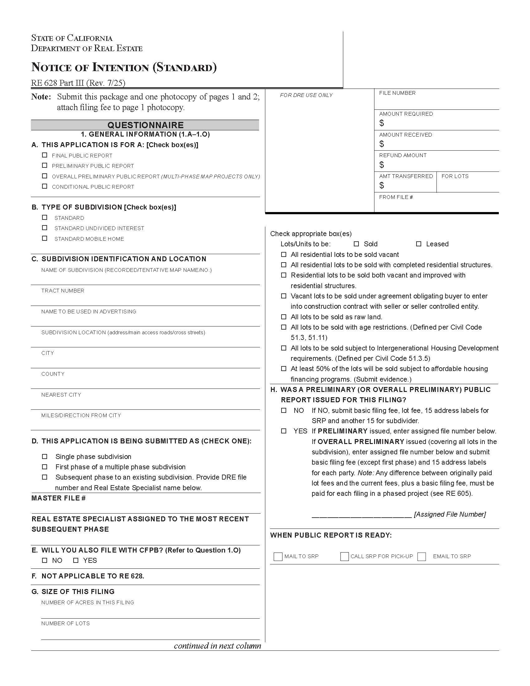 Notice Of Intention (Standard) (Part III) {RE 628} | Pdf Fpdf Docx | California