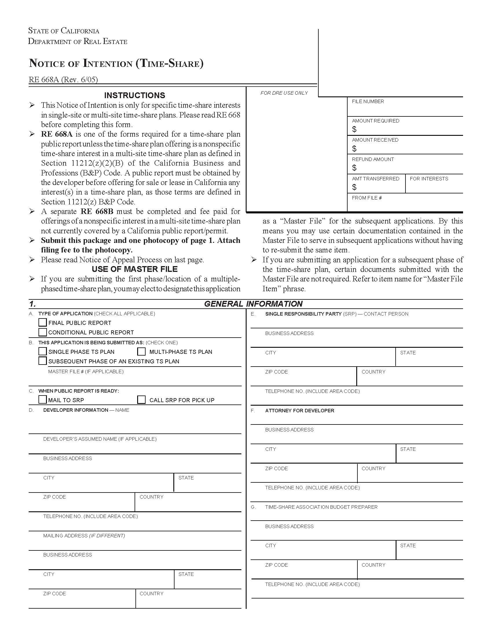 Notice Of Intention (Time Share) {RE 668A} | Pdf Fpdf Docx | California