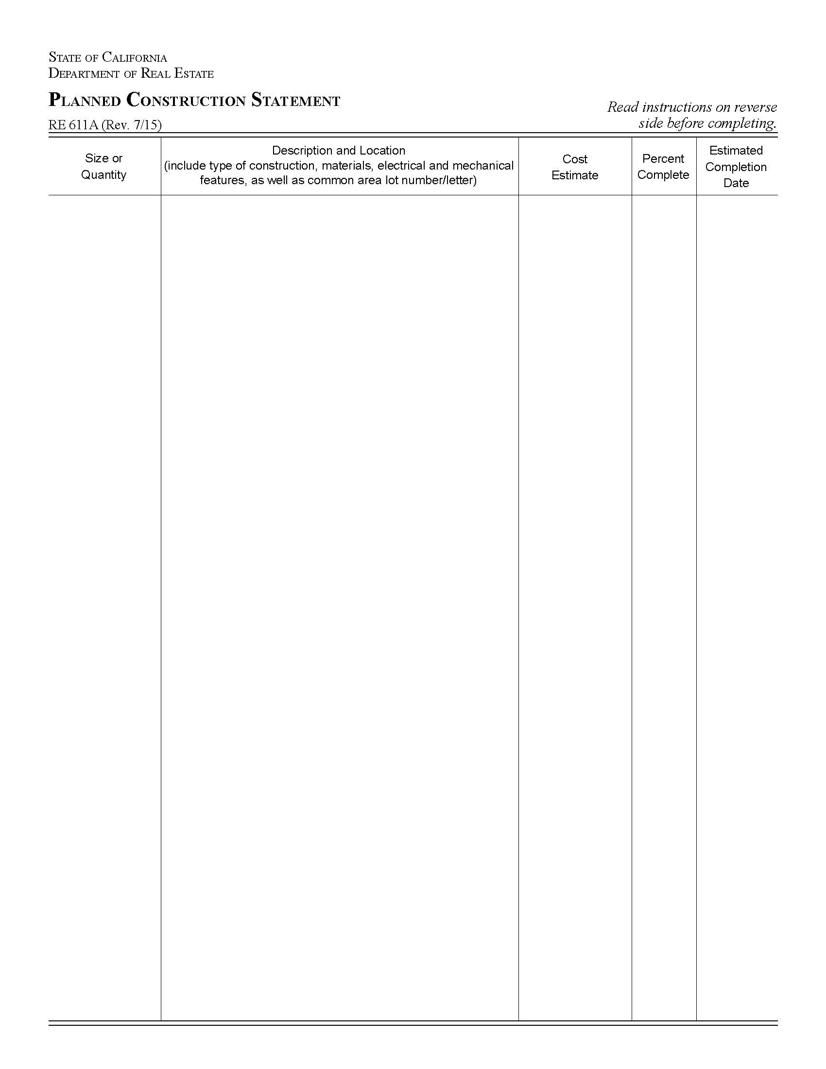 Planned Construction Statement {RE 611A} | Pdf Fpdf Docx | California
